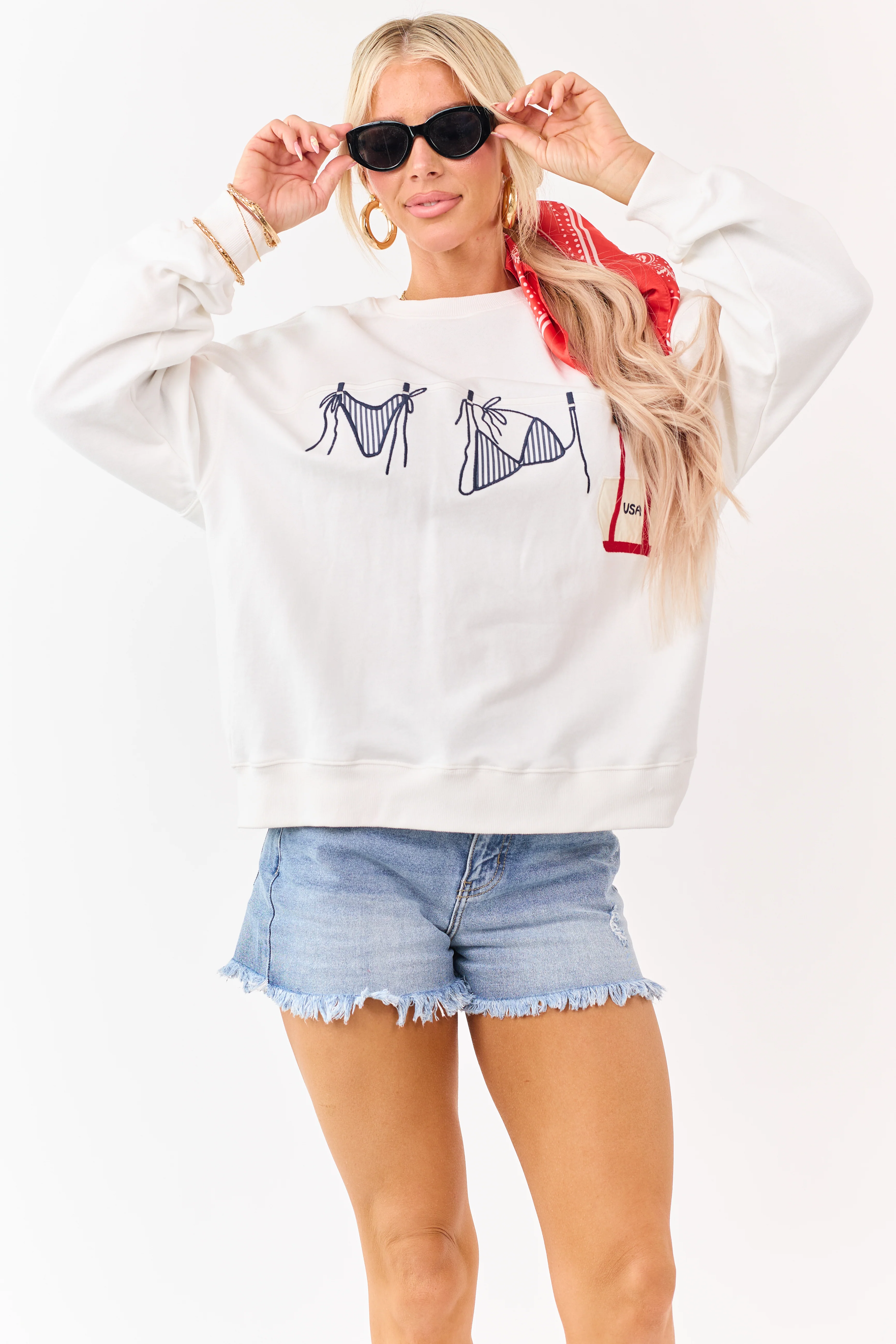 White Embroidered Swim Suit Graphic Cotton Sweatshirt - Image 3