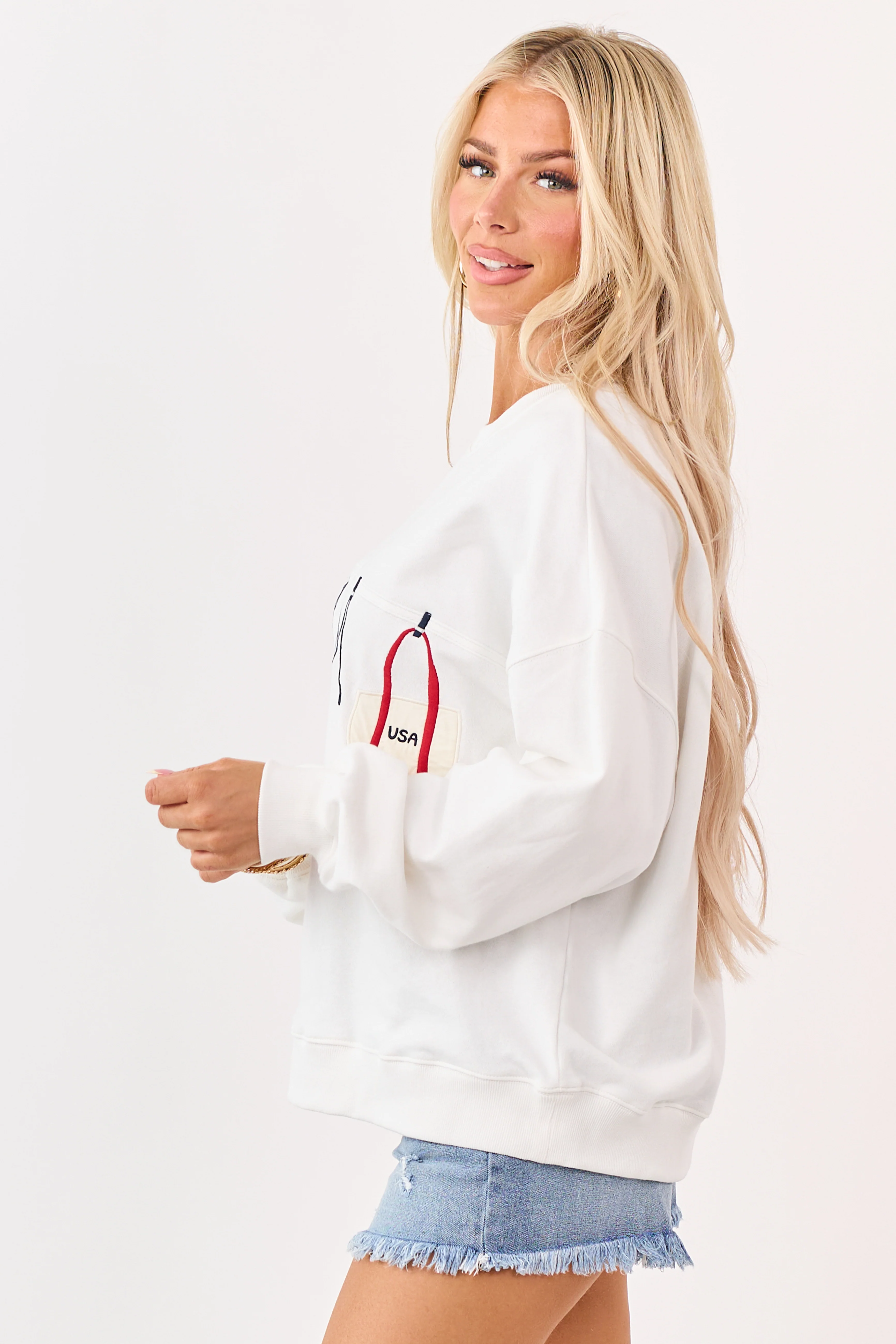 White Embroidered Swim Suit Graphic Cotton Sweatshirt - Image 8