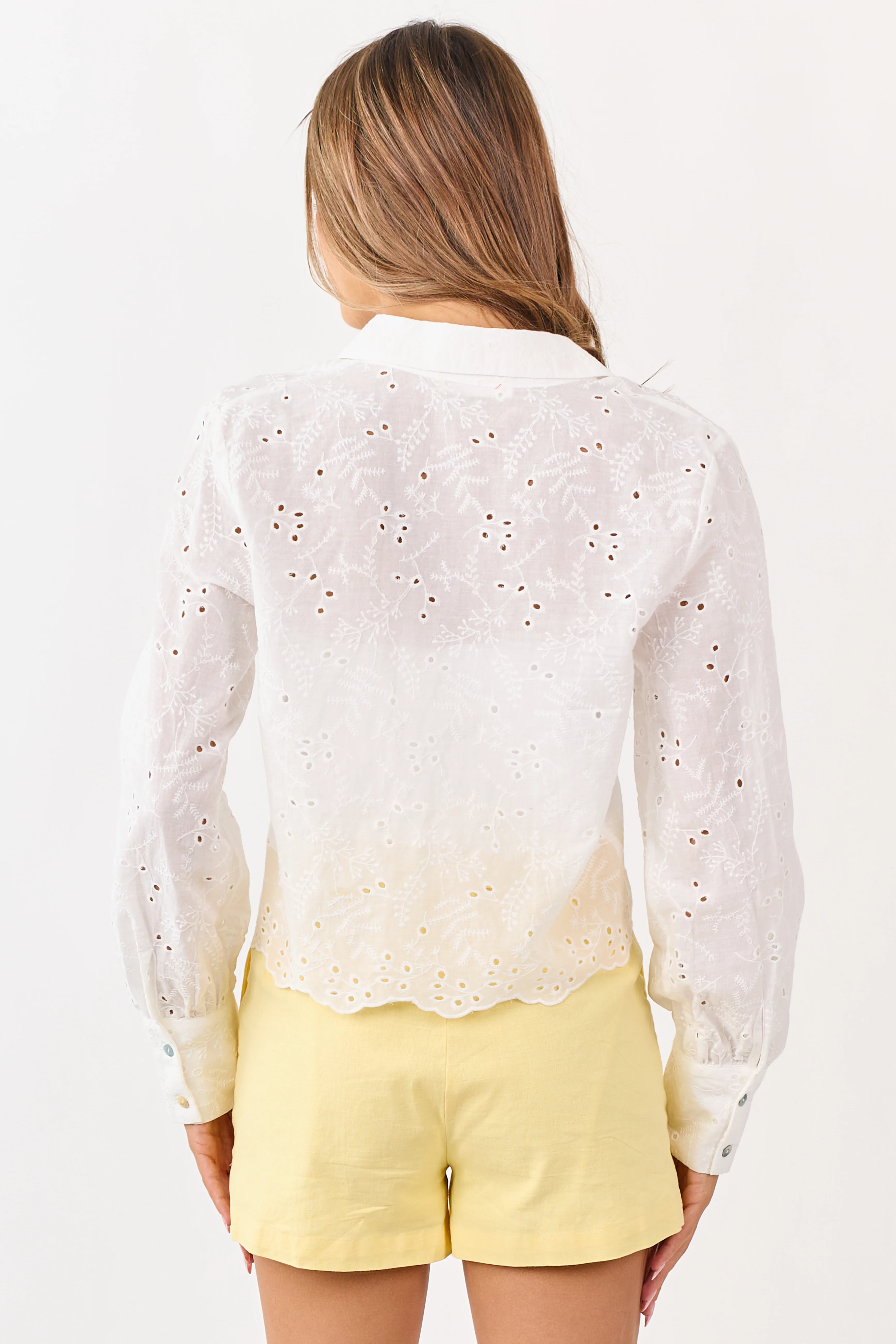 White Eyelet Button Down Scallop Hem Long Sleeve Top - Image 6