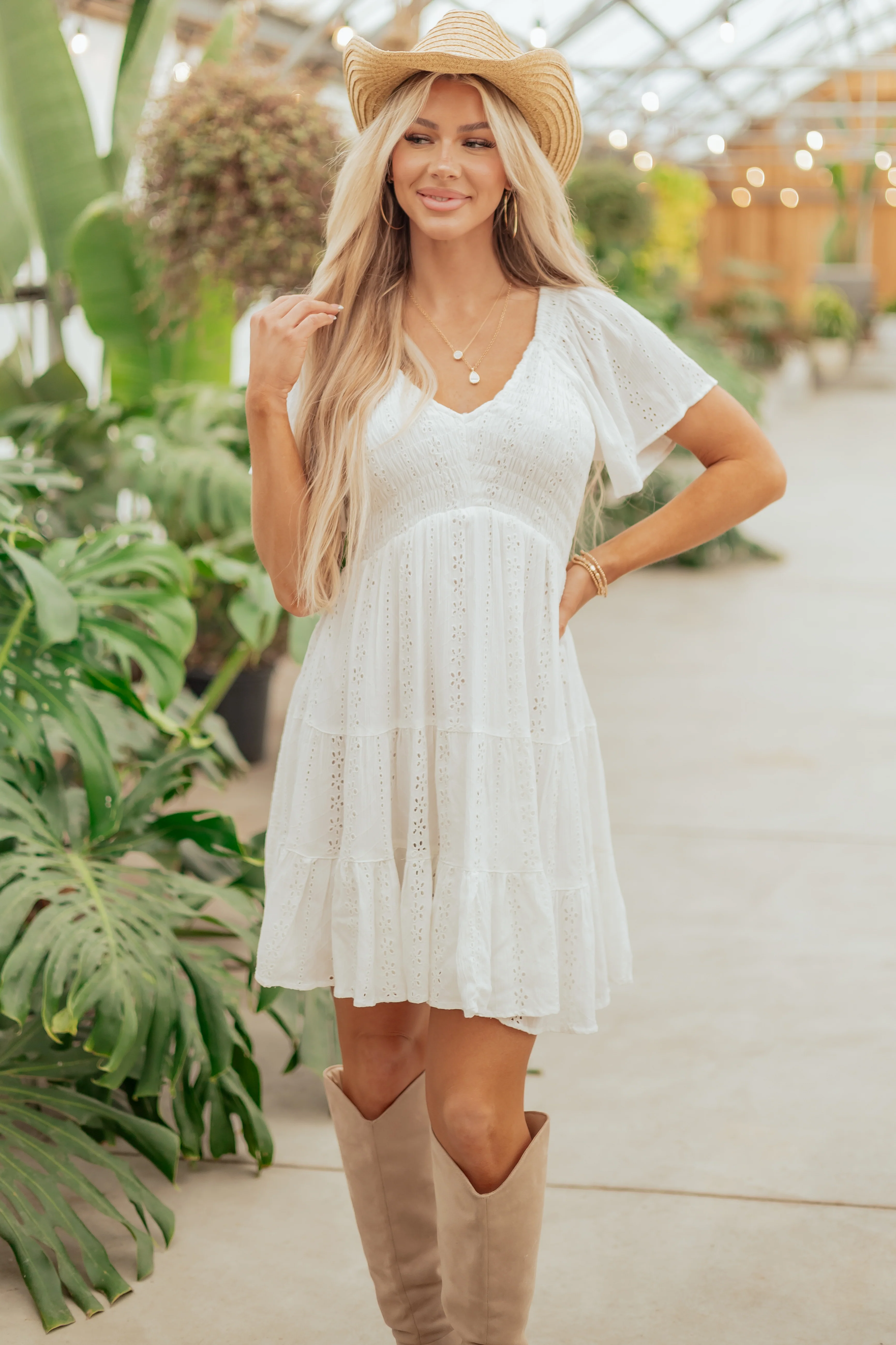 White Eyelet Lace Smocked Bodice Mini Dress - Image 7