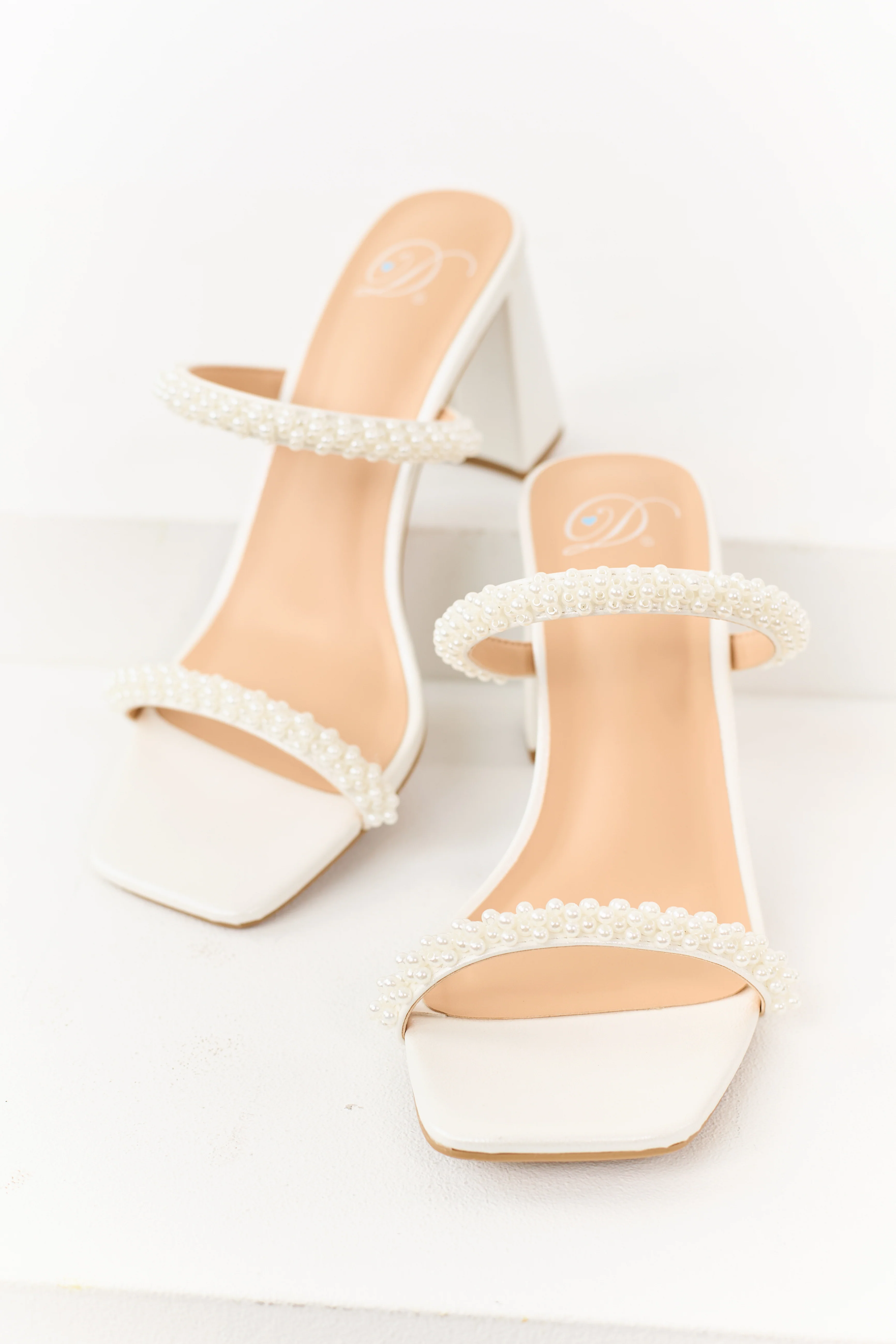 White Faux Leather Open Toe Pearl Strap Heels