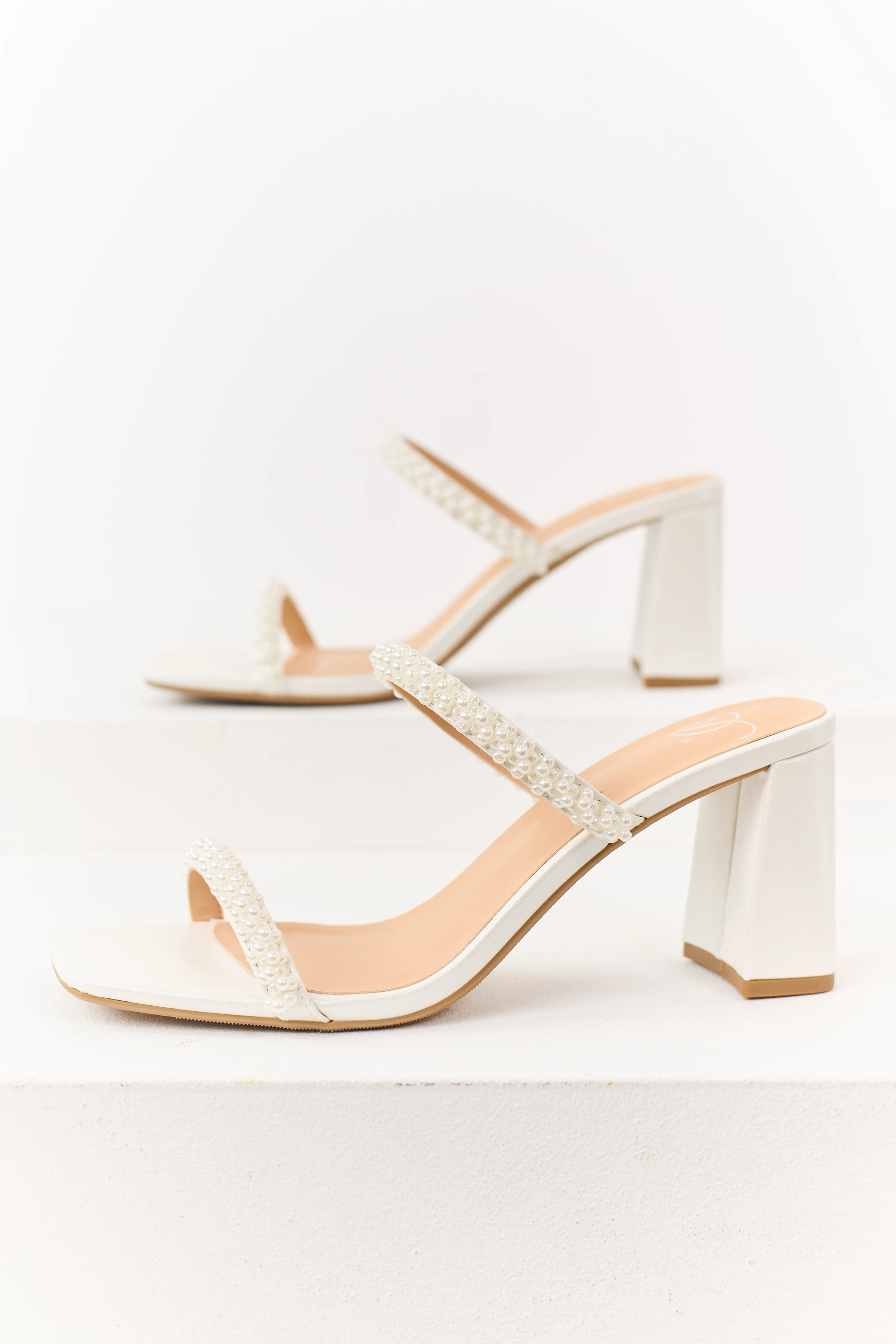 White Faux Leather Open Toe Pearl Strap Heels - Image 2