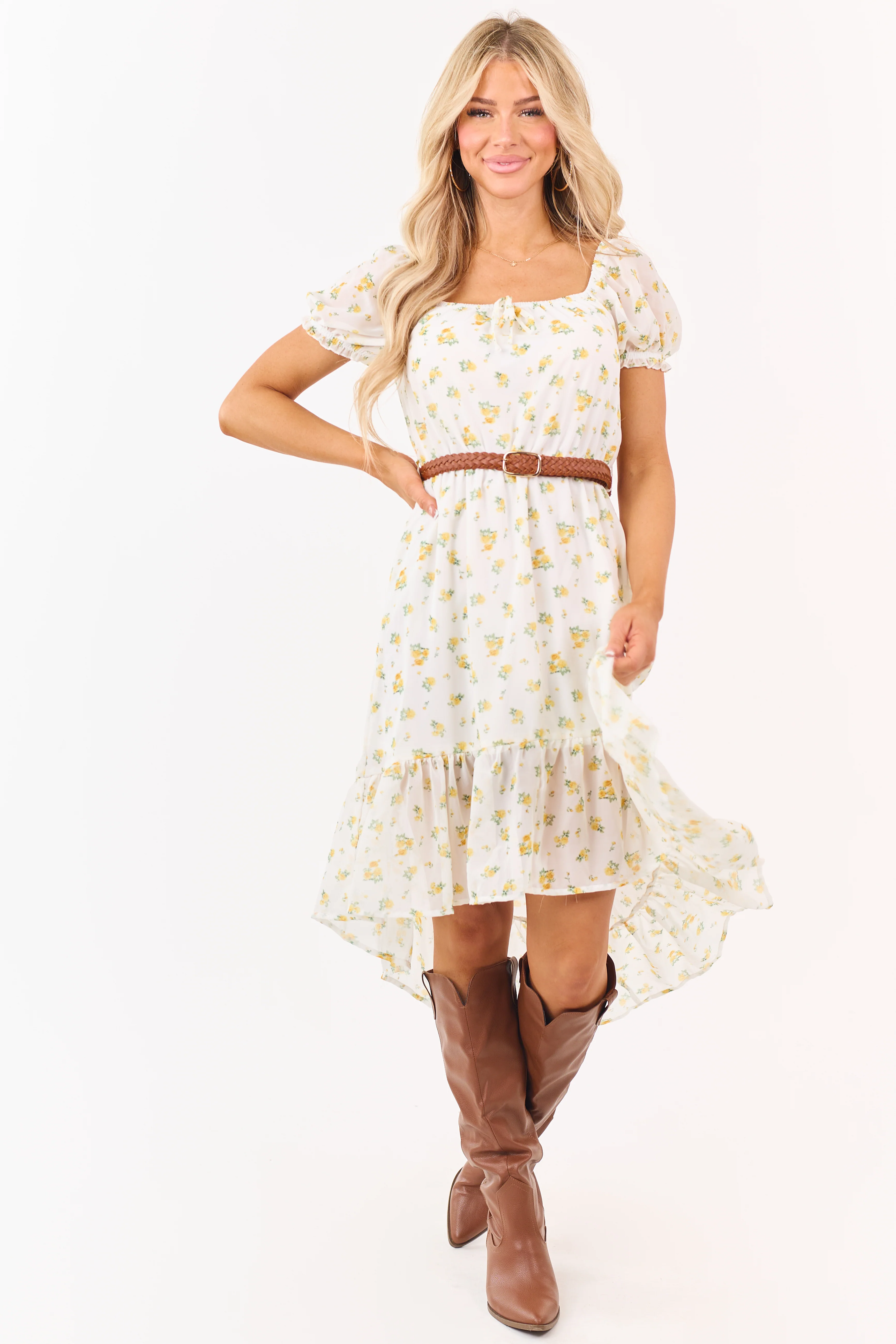White Floral Print High Low Hem Belted Mini Dress - Image 4