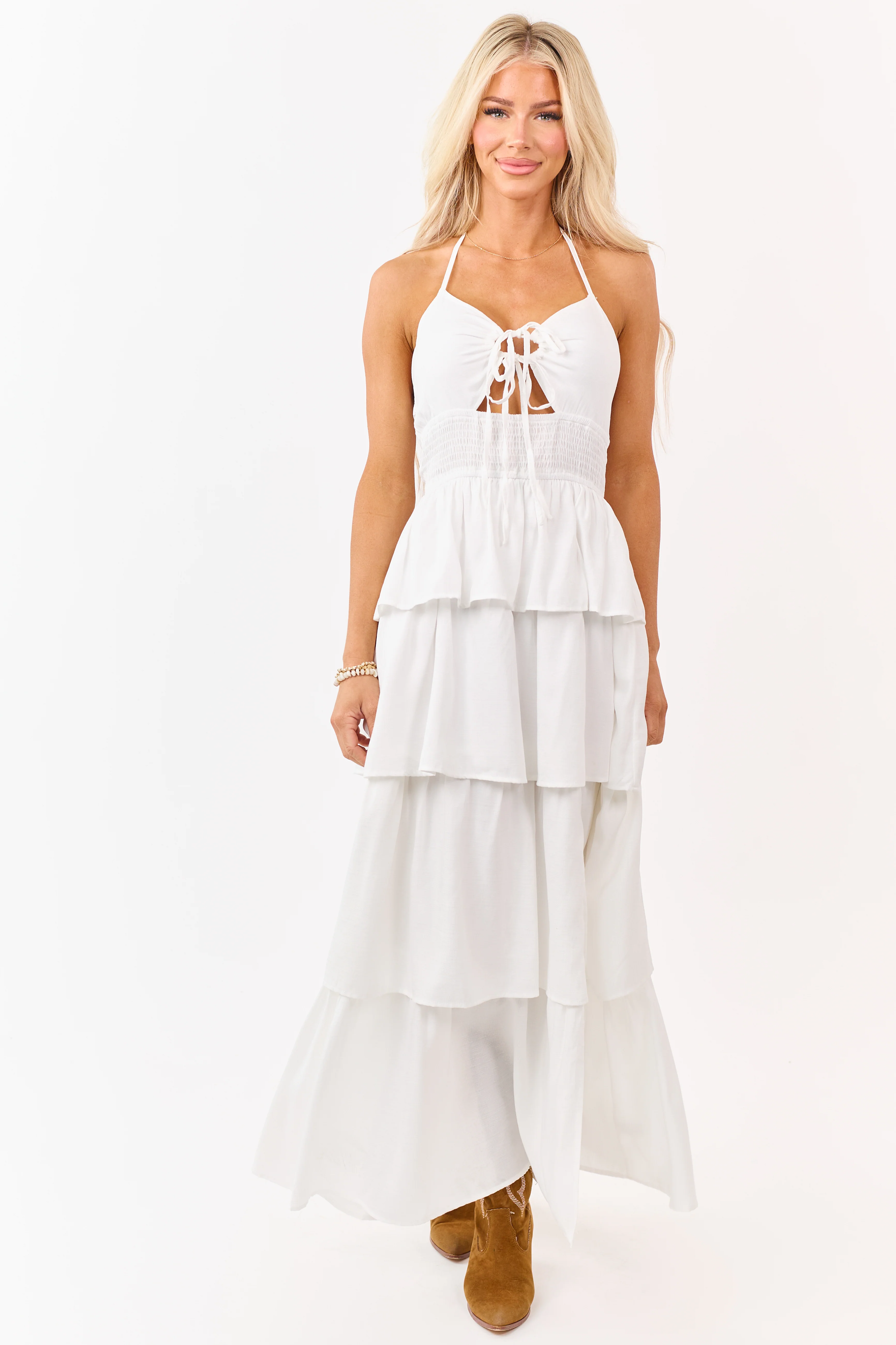 White Front Cut Out Tiered Side Slit Maxi Dress - Image 5