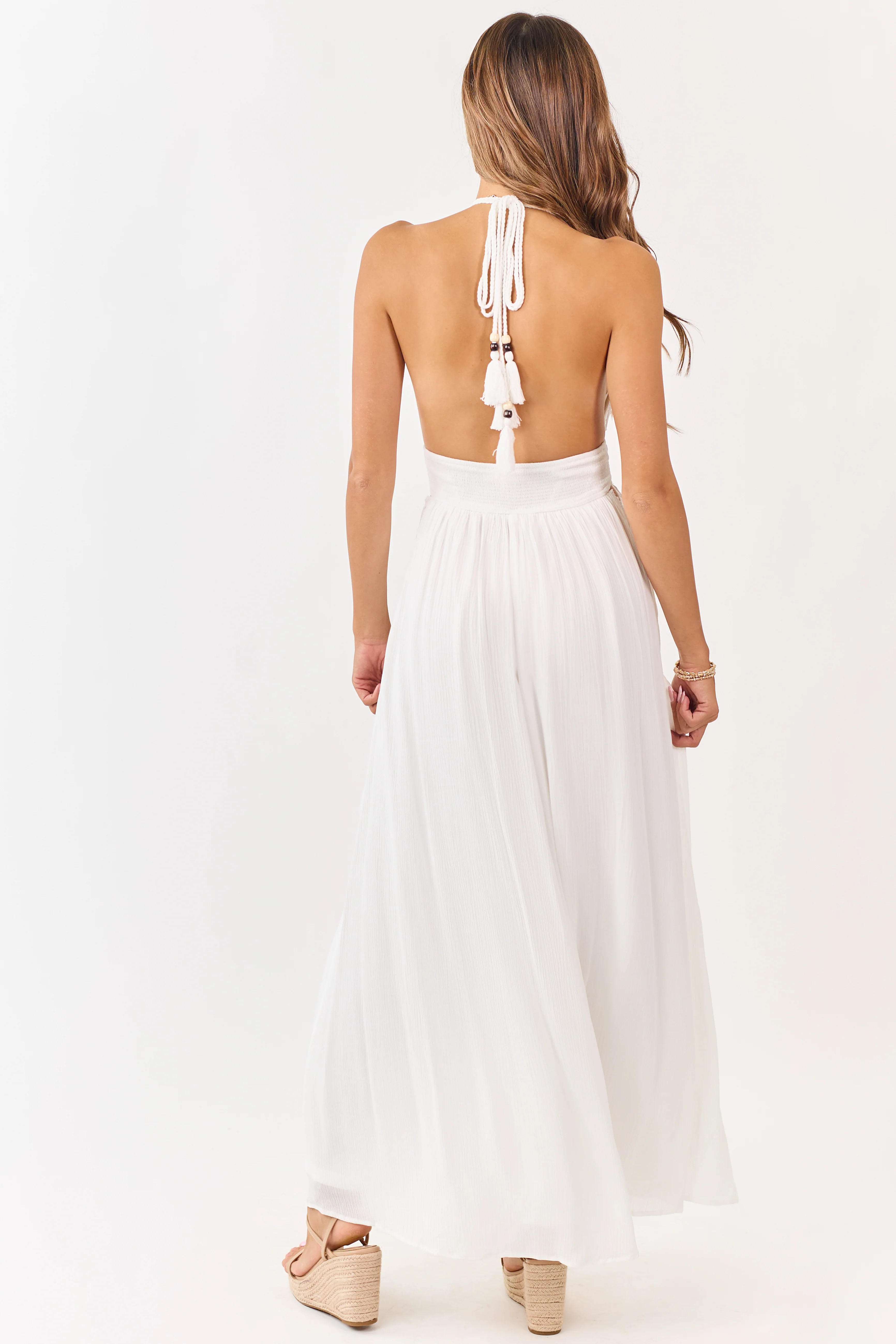 White Halter Neck Smocked Waist Maxi Dress - Image 6