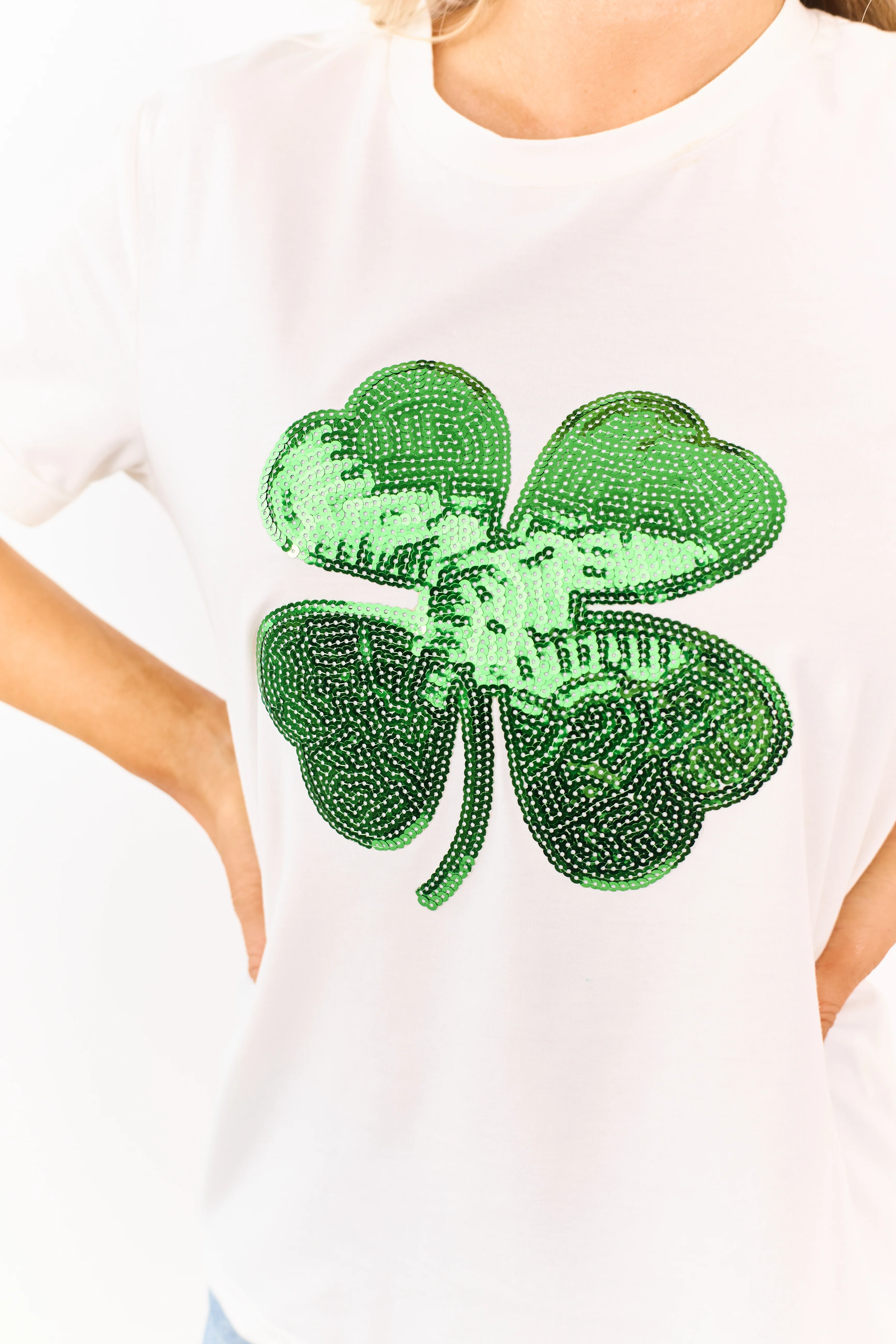 White and Hunter Green Sequin Shamrock Graphic Top - Image 6