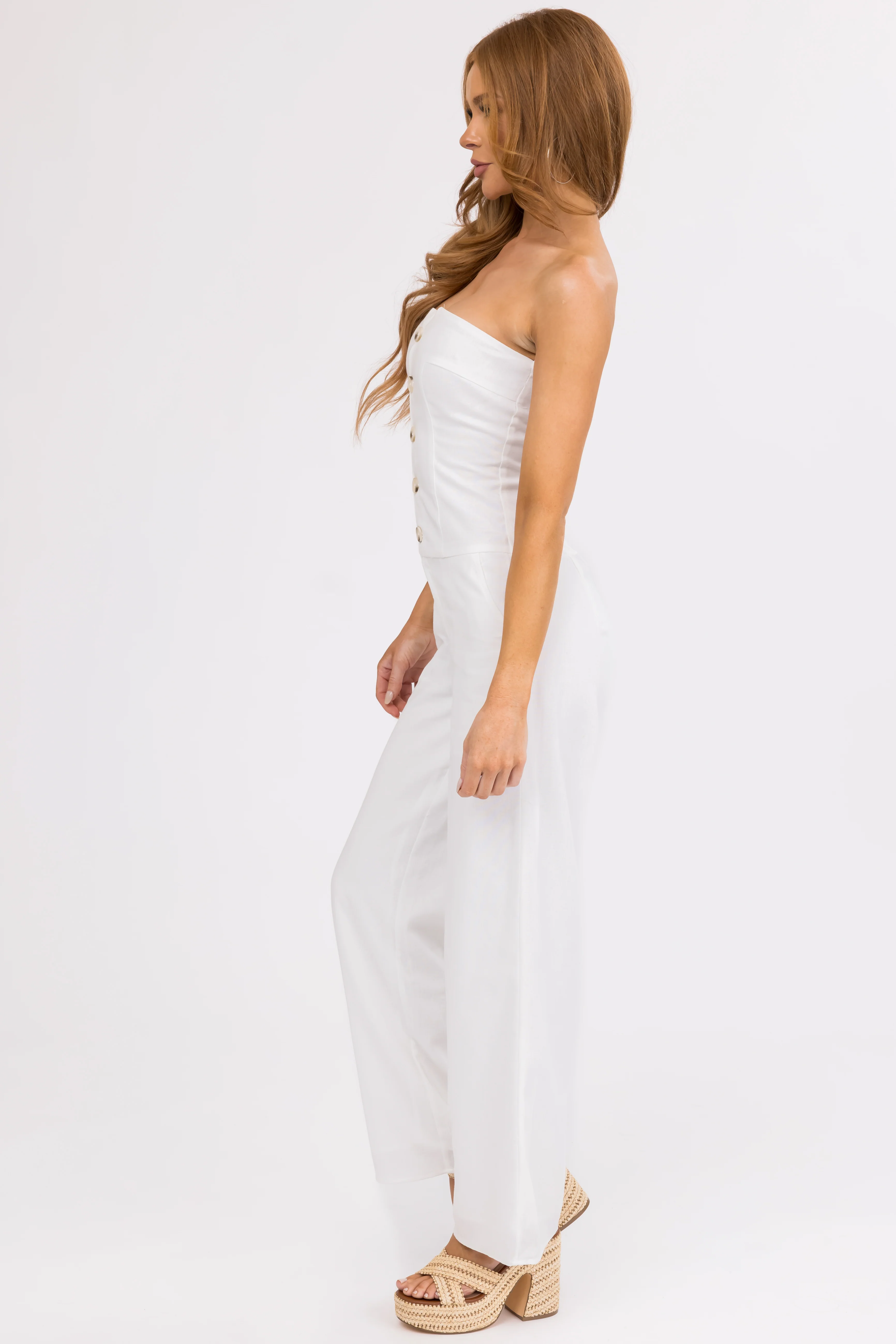 White Linen Strapless Low Waist Jumpsuit - Image 3