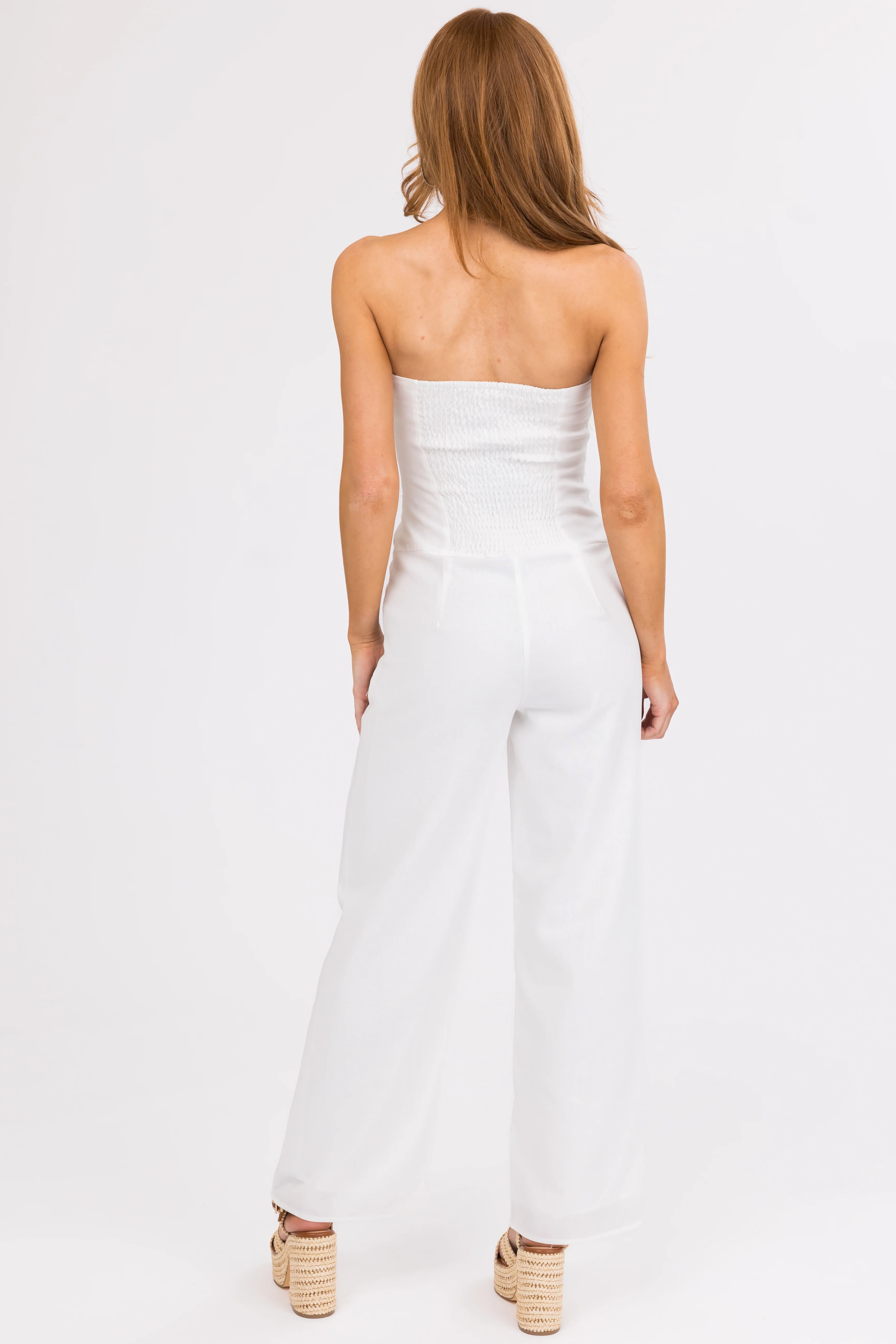 White Linen Strapless Low Waist Jumpsuit - Image 4