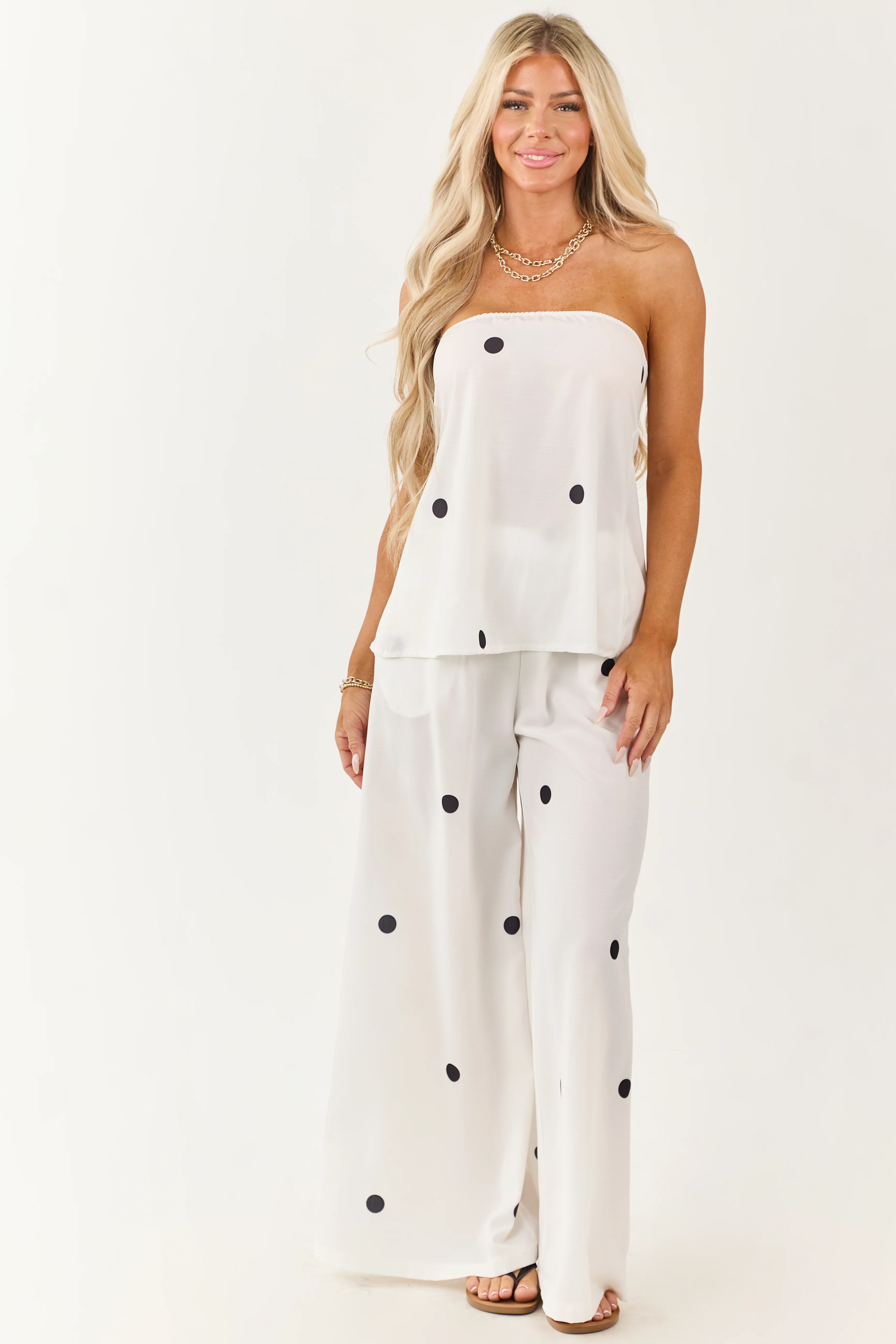 White Polka Dot Strapless Top and Wide Leg Pants Set - Image 3