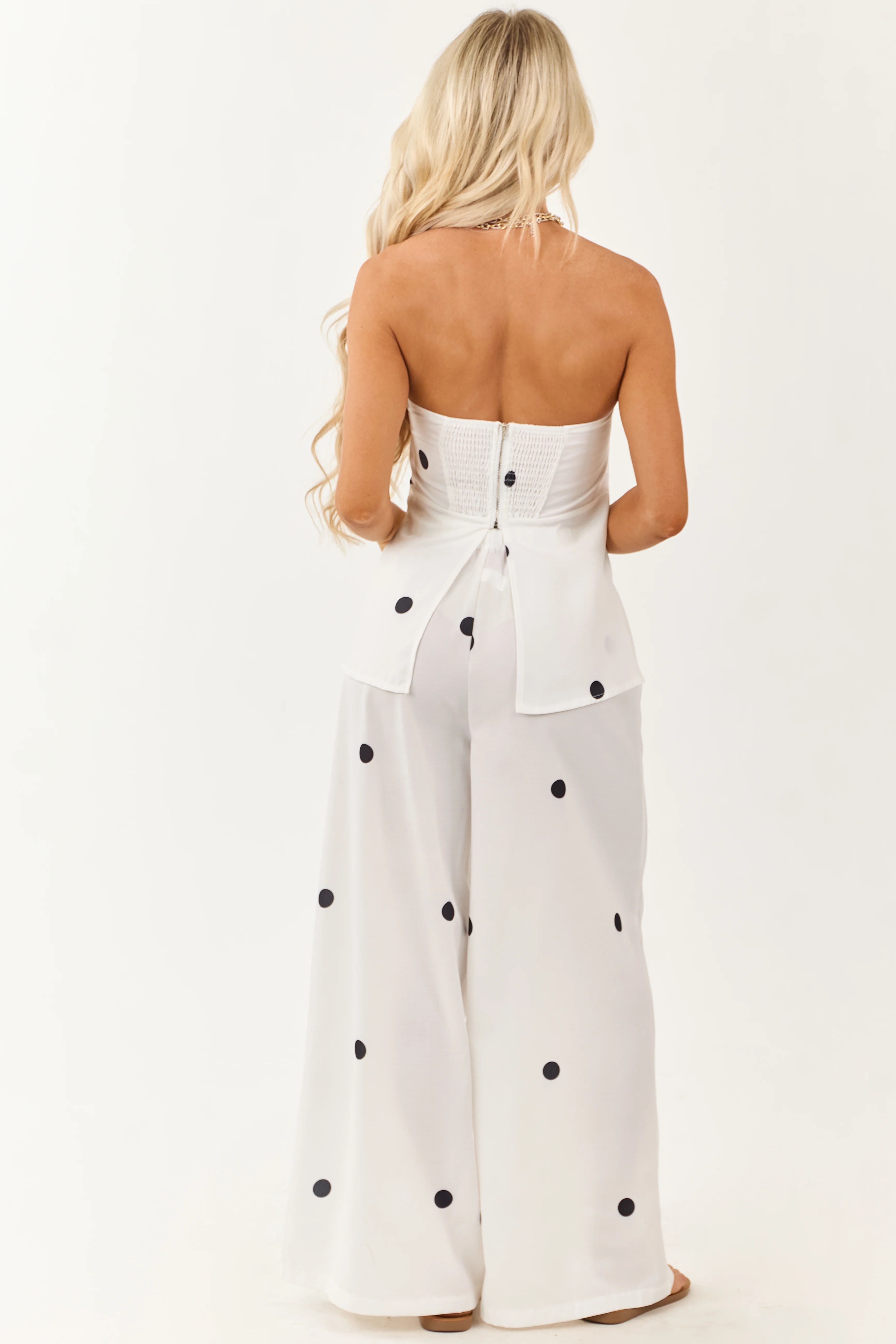 White Polka Dot Strapless Top and Wide Leg Pants Set - Image 6