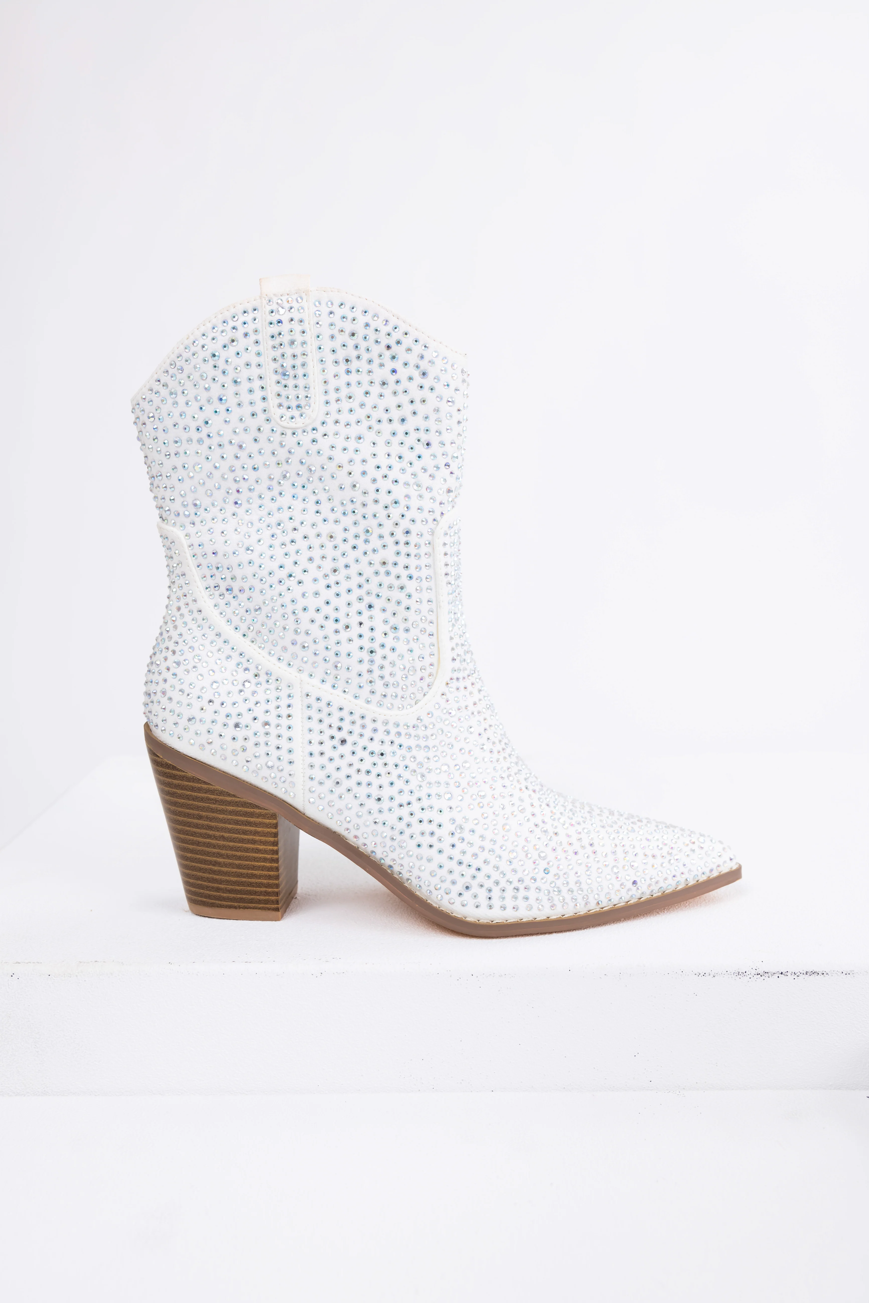 White Rhinestone Embellished Pointed Toe Booties - Image 3