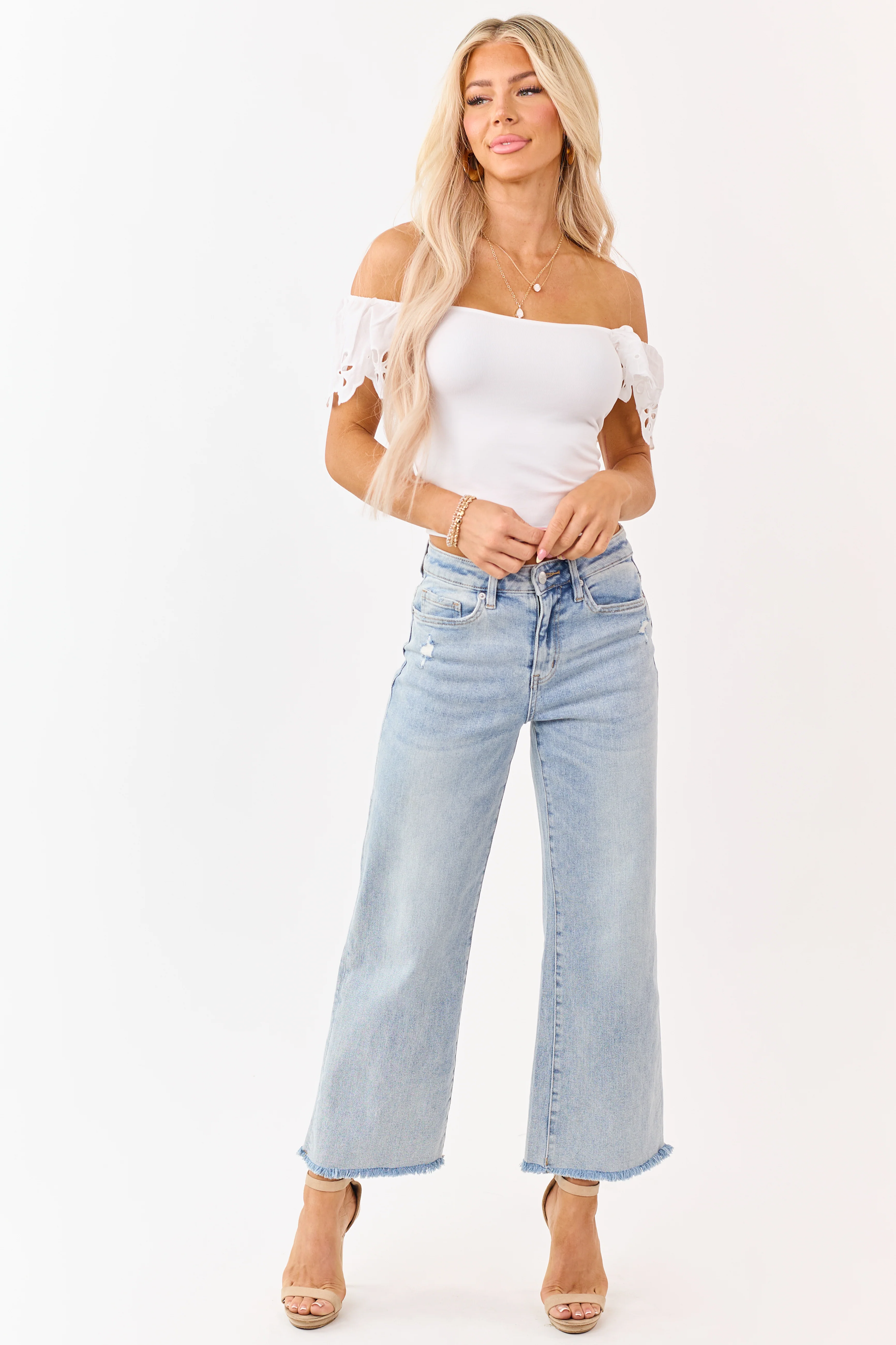 White Rib Knit Eyelet Lace Short Sleeve Top - Image 2
