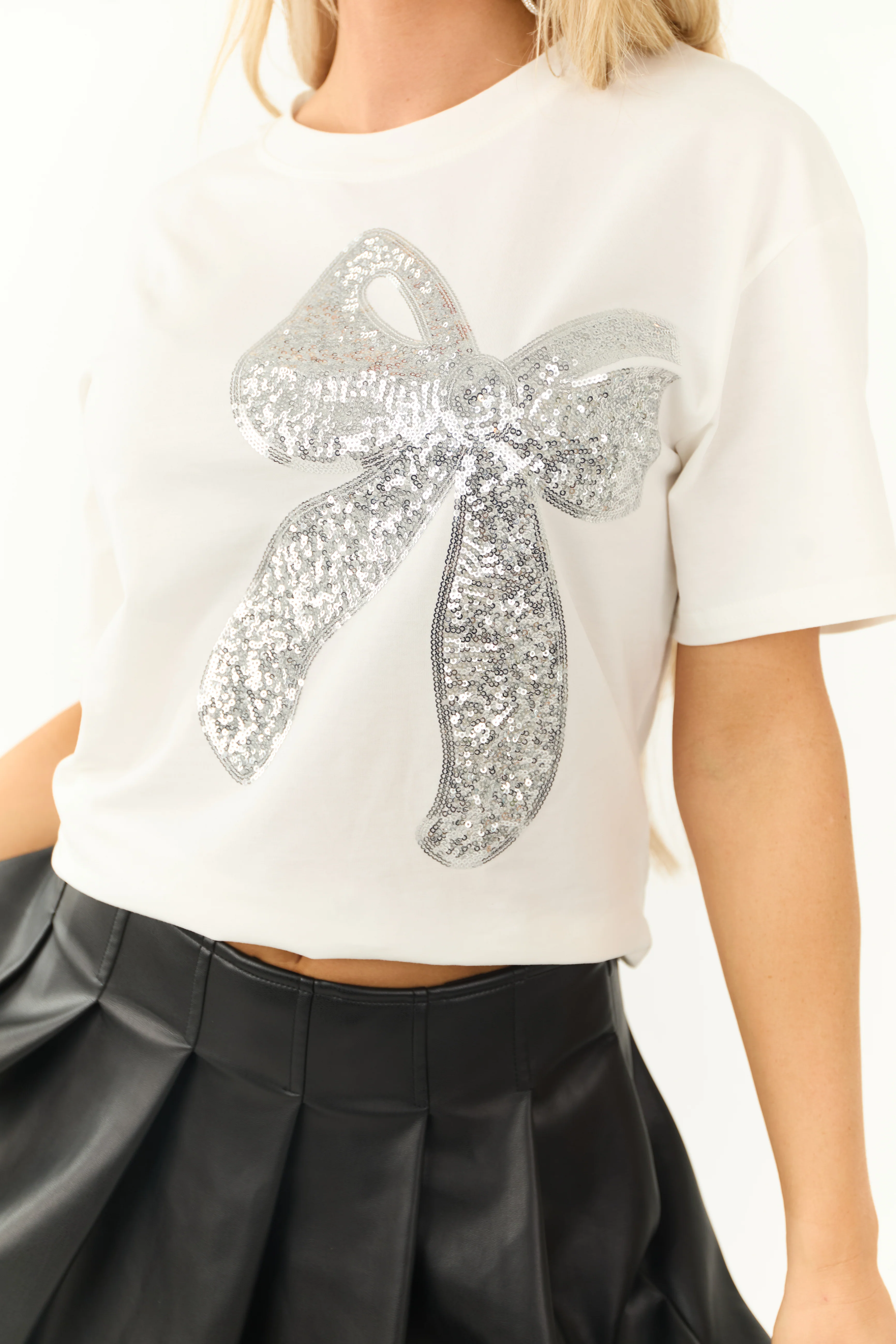 White Sequin Bow Half Sleeve Tee - Image 6