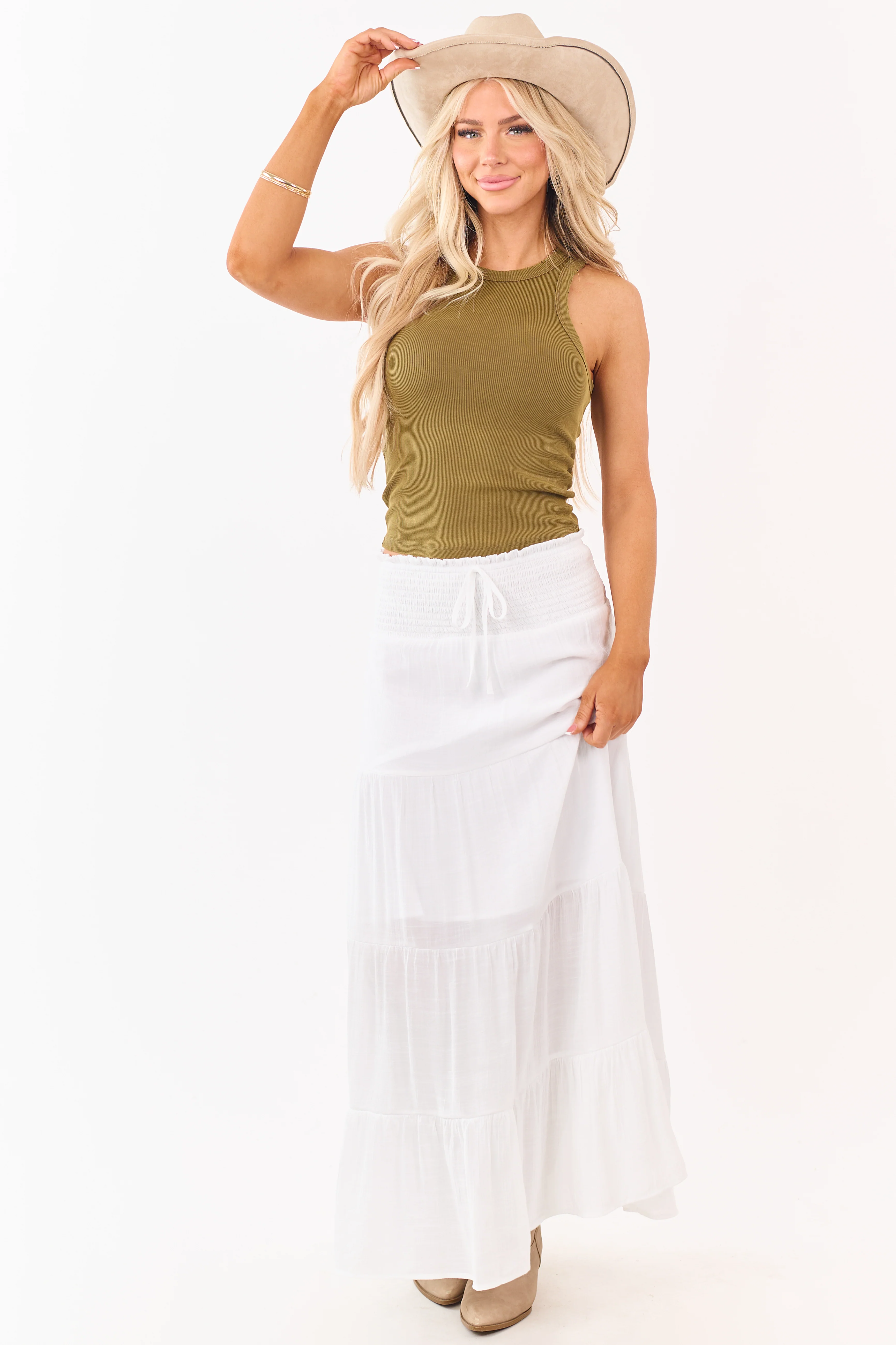 White Smocked Waist Tiered Maxi Skirt - Image 2