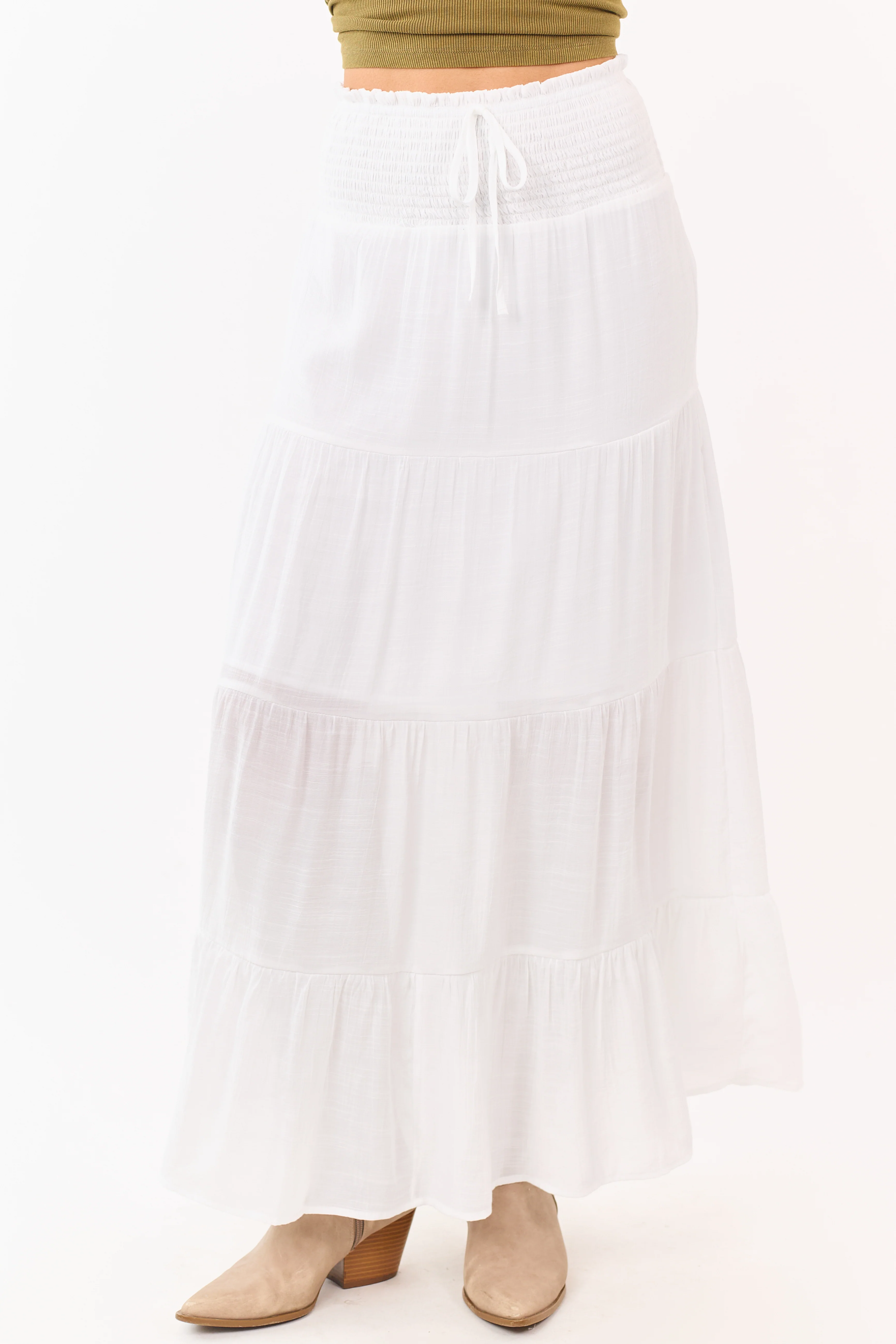 White Smocked Waist Tiered Maxi Skirt - Image 3