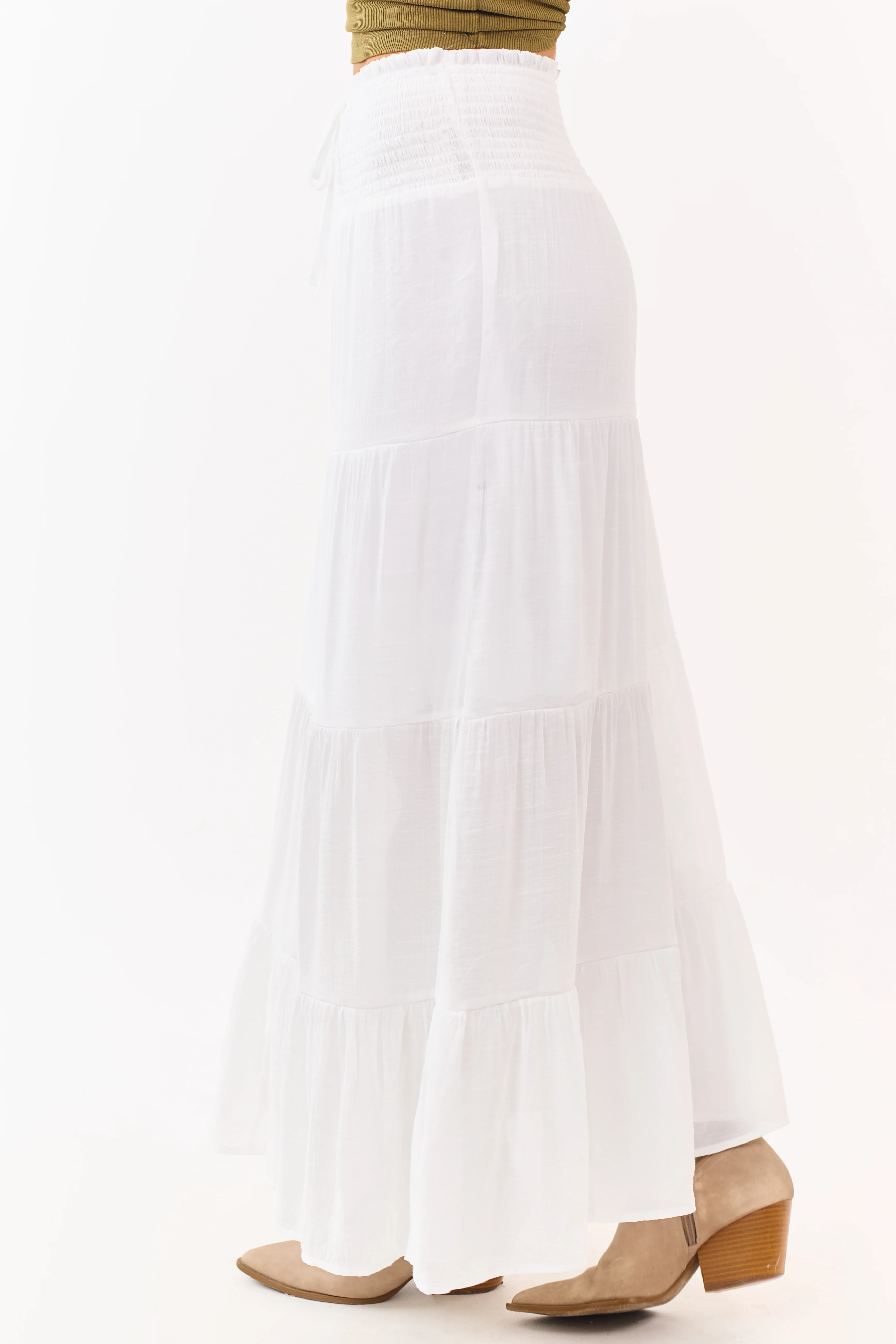 White Smocked Waist Tiered Maxi Skirt - Image 4