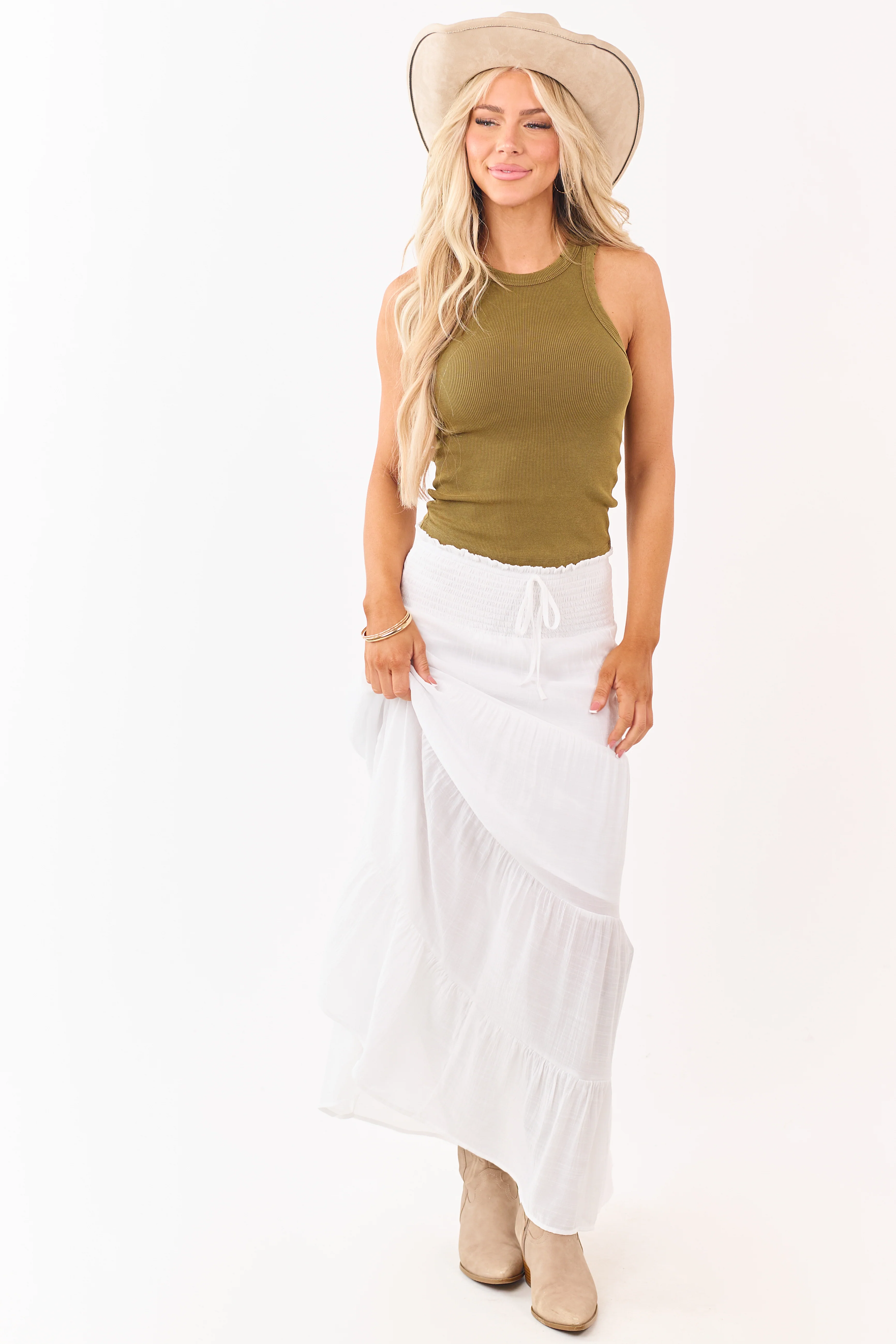 White Smocked Waist Tiered Maxi Skirt - Image 6