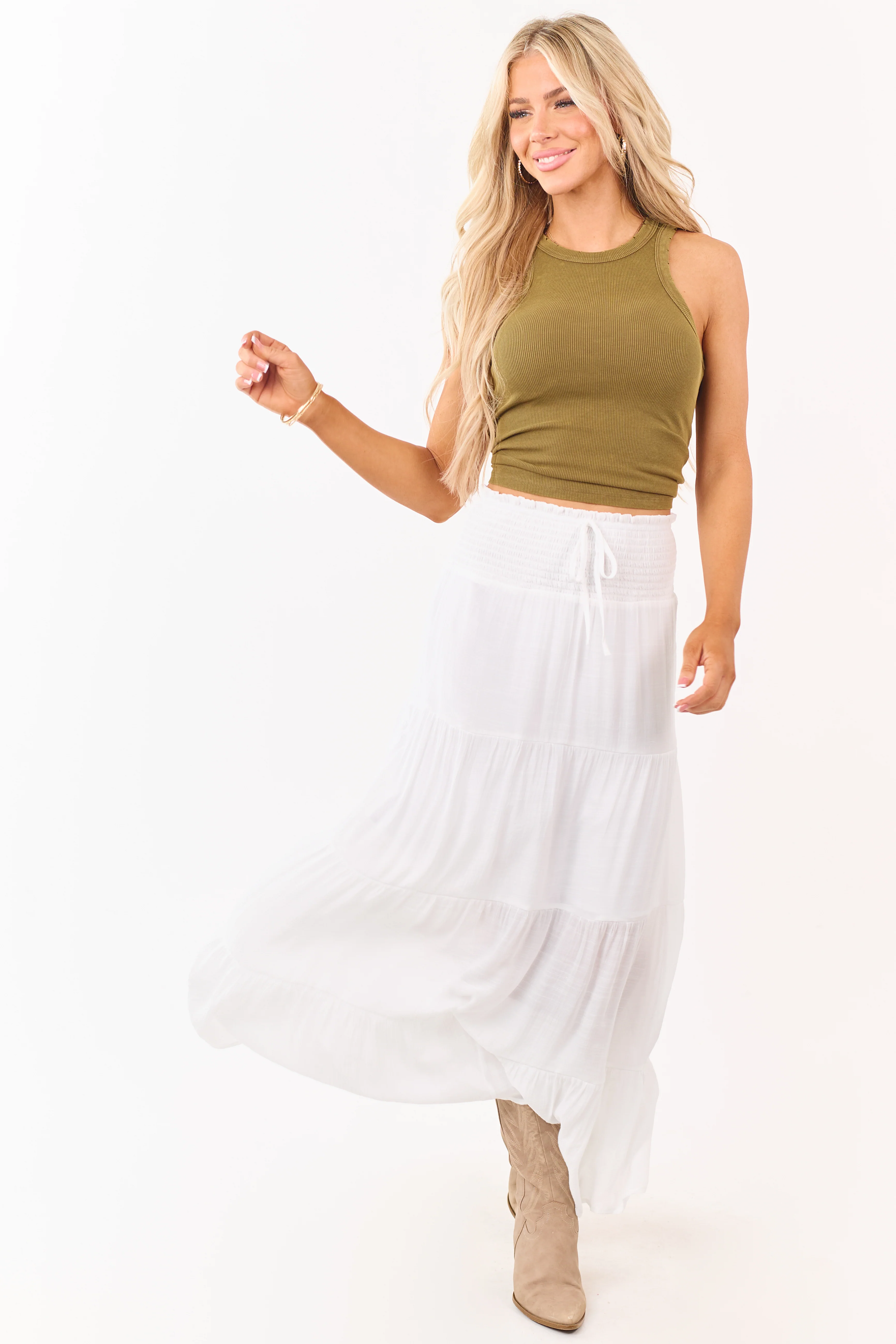 White Smocked Waist Tiered Maxi Skirt - Image 7