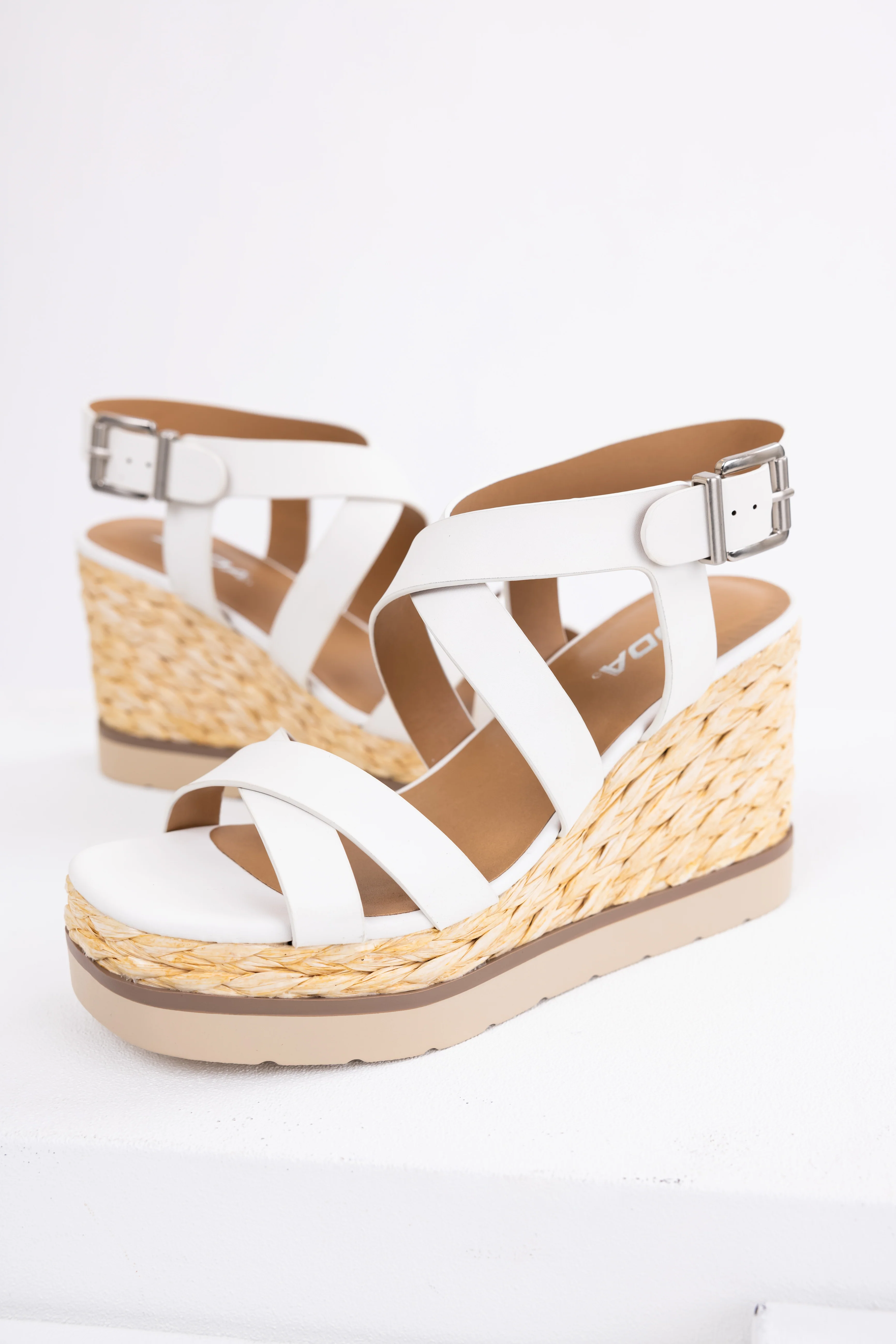 White Strappy Jute Braided Platform Wedges - Image 2