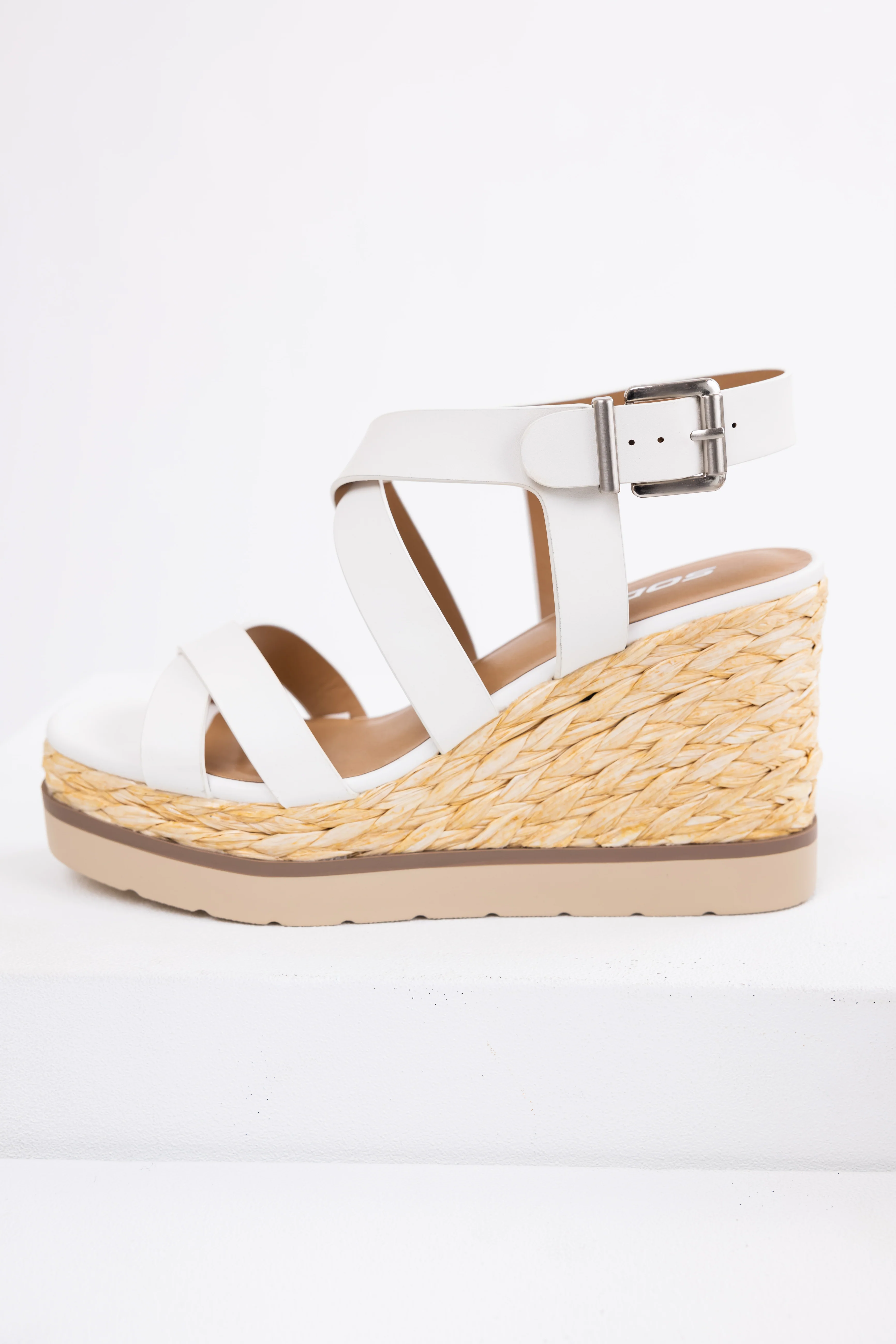 White Strappy Jute Braided Platform Wedges - Image 3