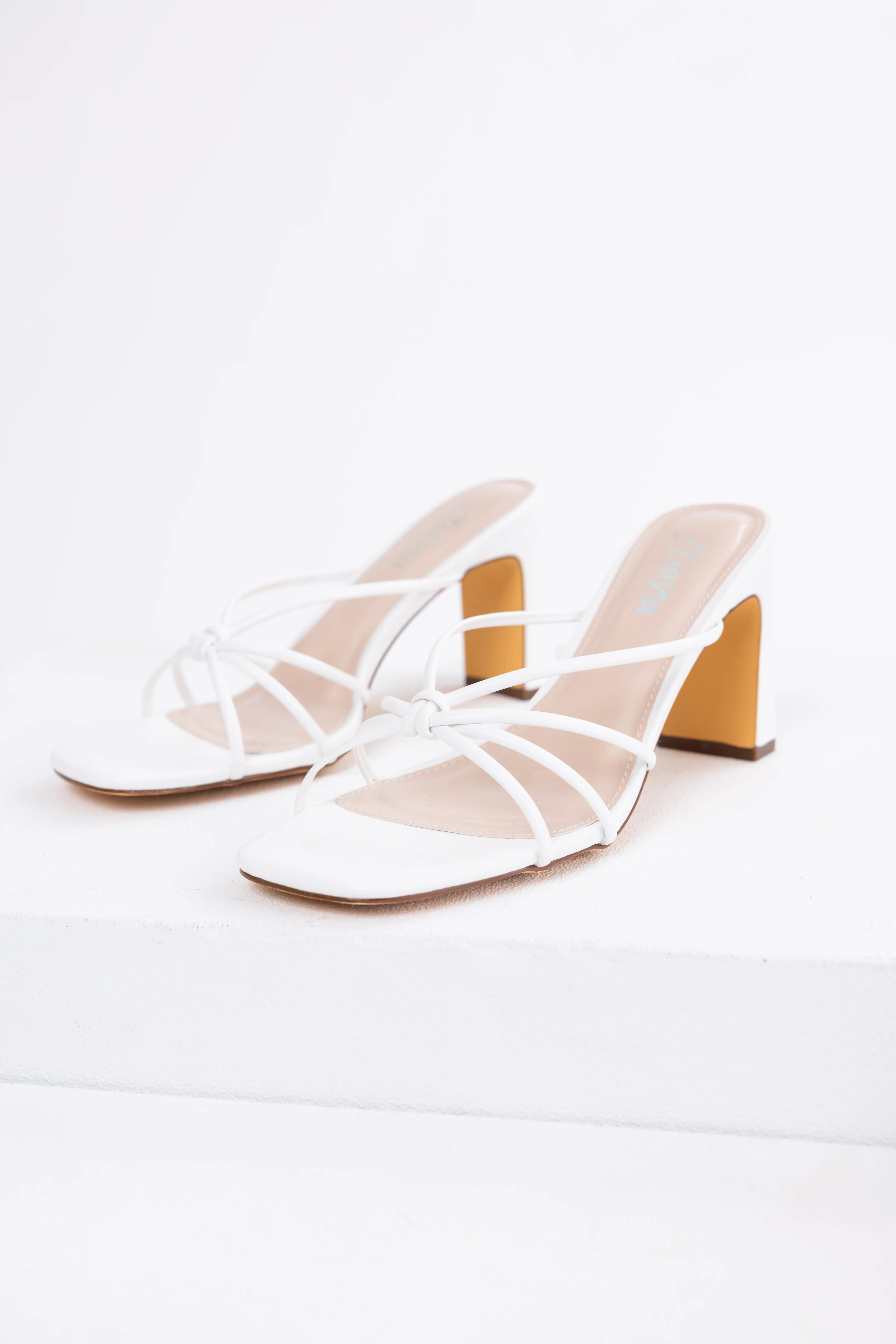 White Strappy Knot Slip On Dress Heels - Image 2