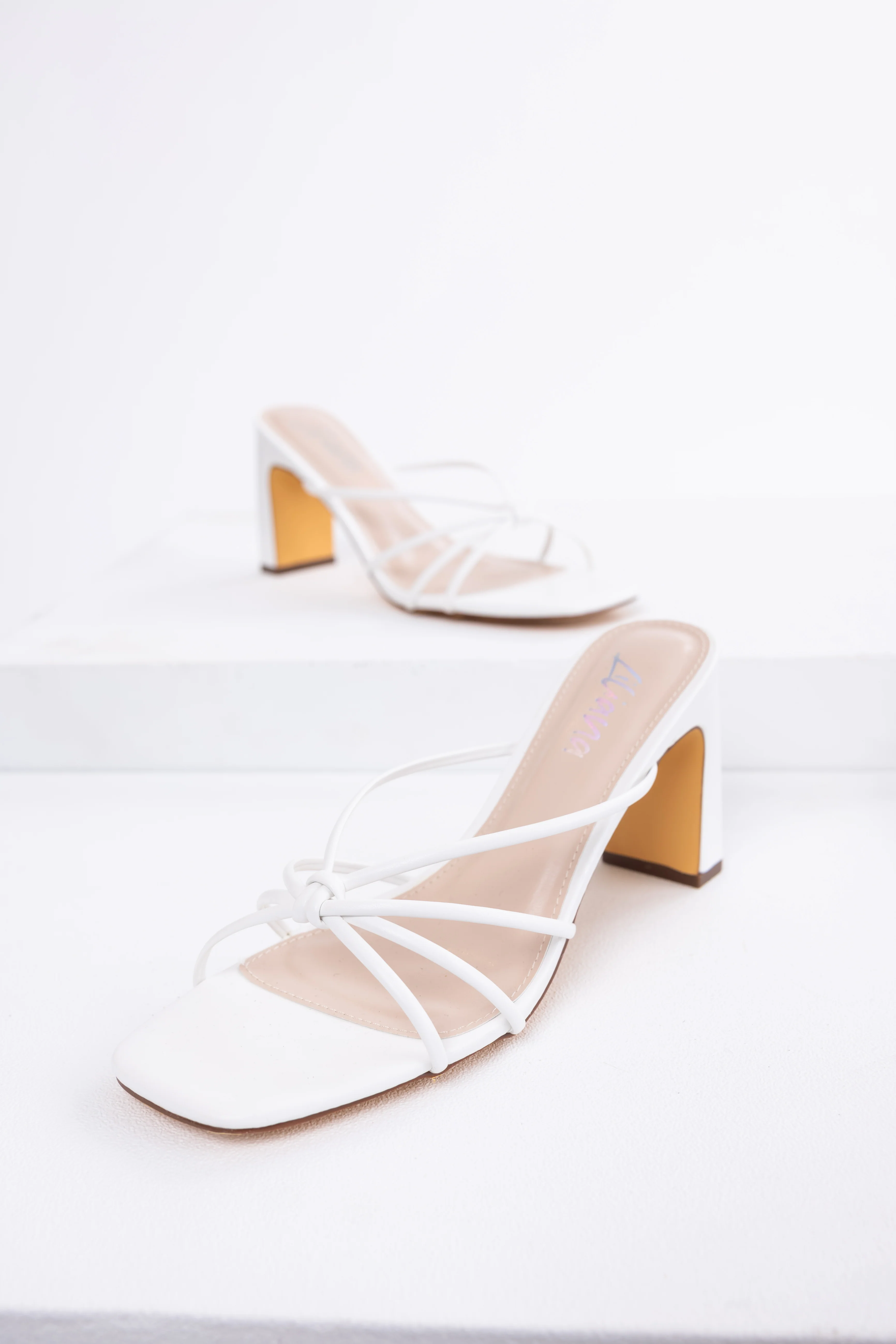 White Strappy Knot Slip On Dress Heels - Image 4
