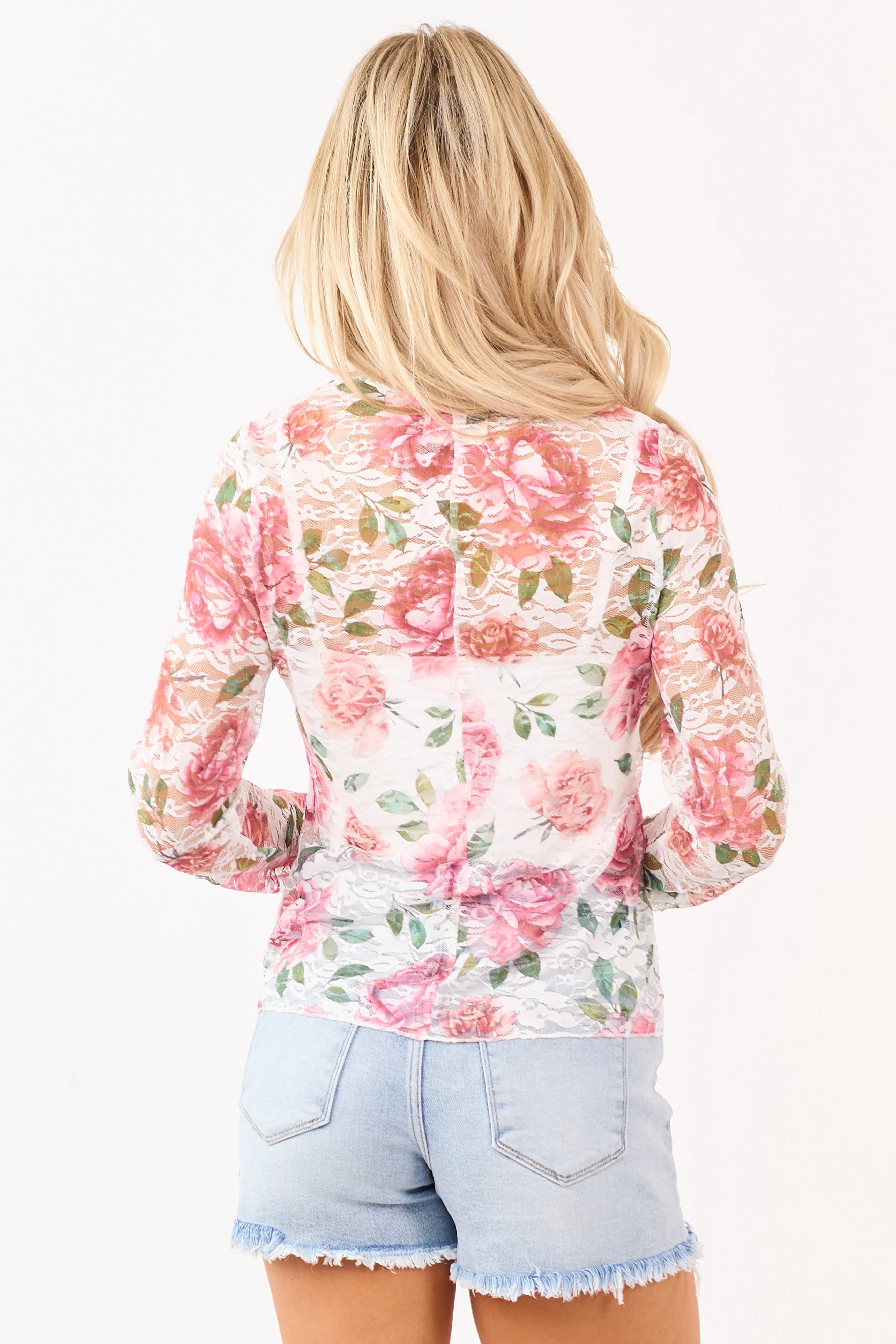 White Vintage Floral Lace Rose Print Sheer Top - Image 6