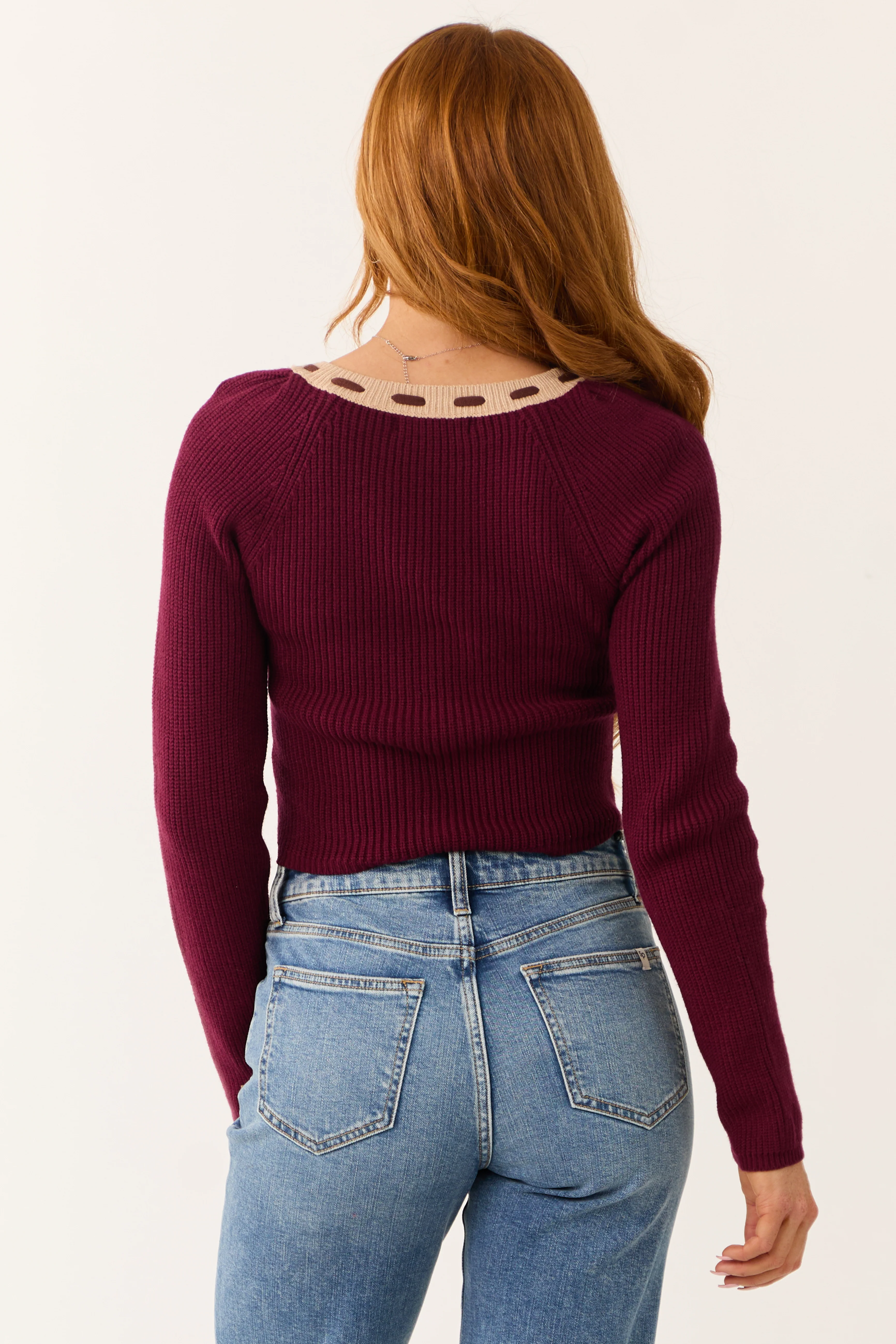 Wine Contrast Square Neck Cropped Sweater - Image 6