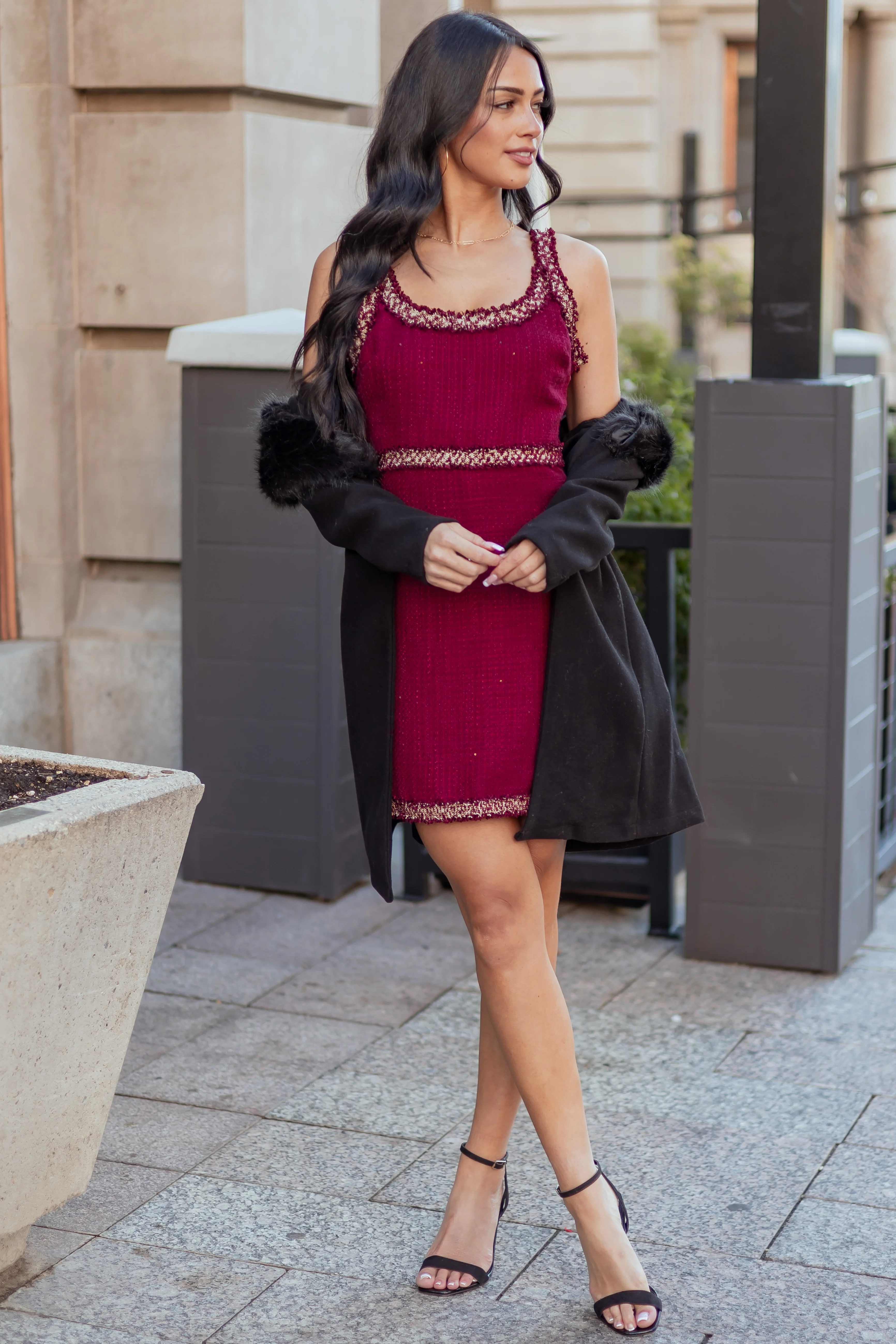 Wine Contrast Trim Tweed Sleeveless Mini Dress - Image 3