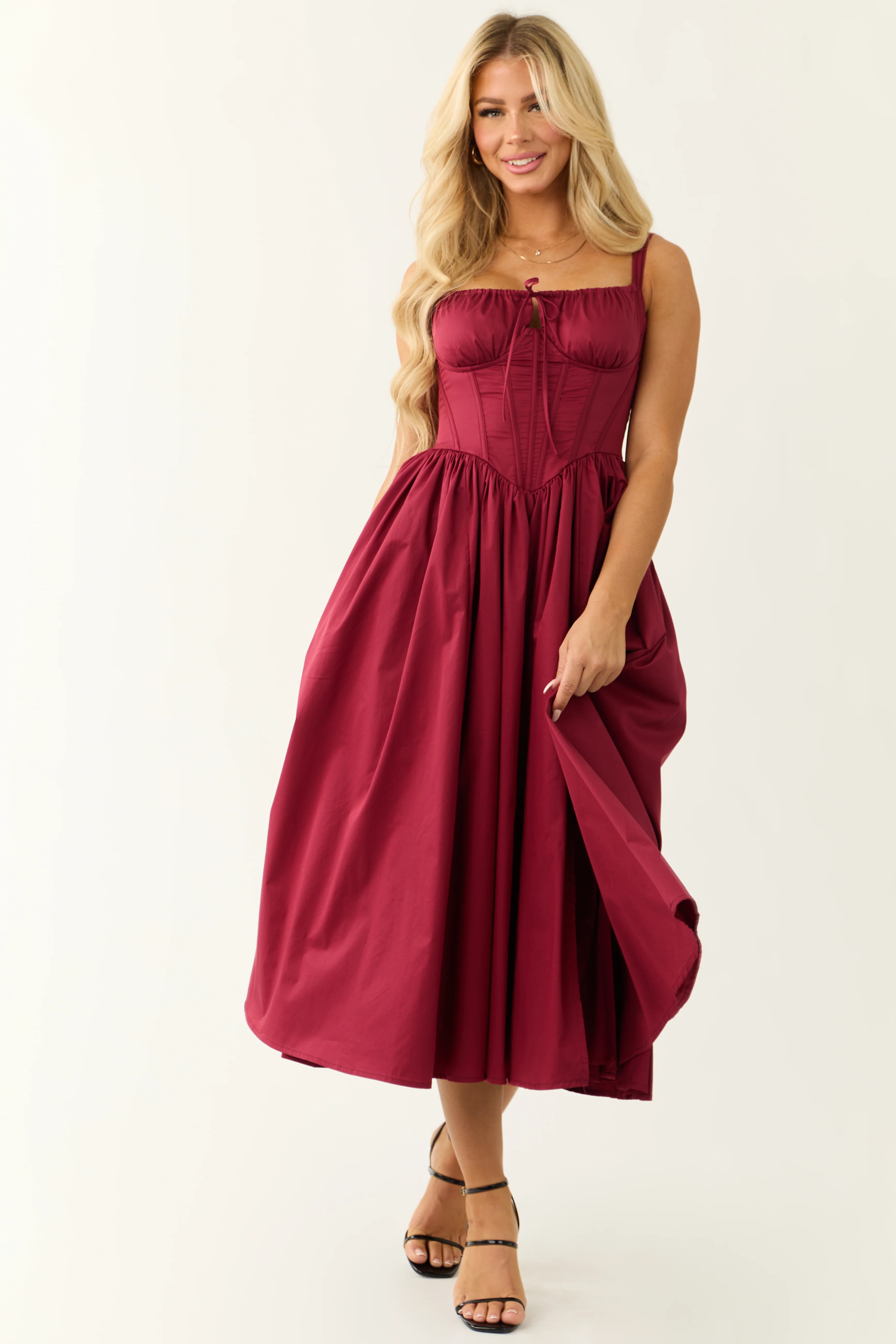 Wine Corset Sleeveless Front Slit Midi Dress - Image 3
