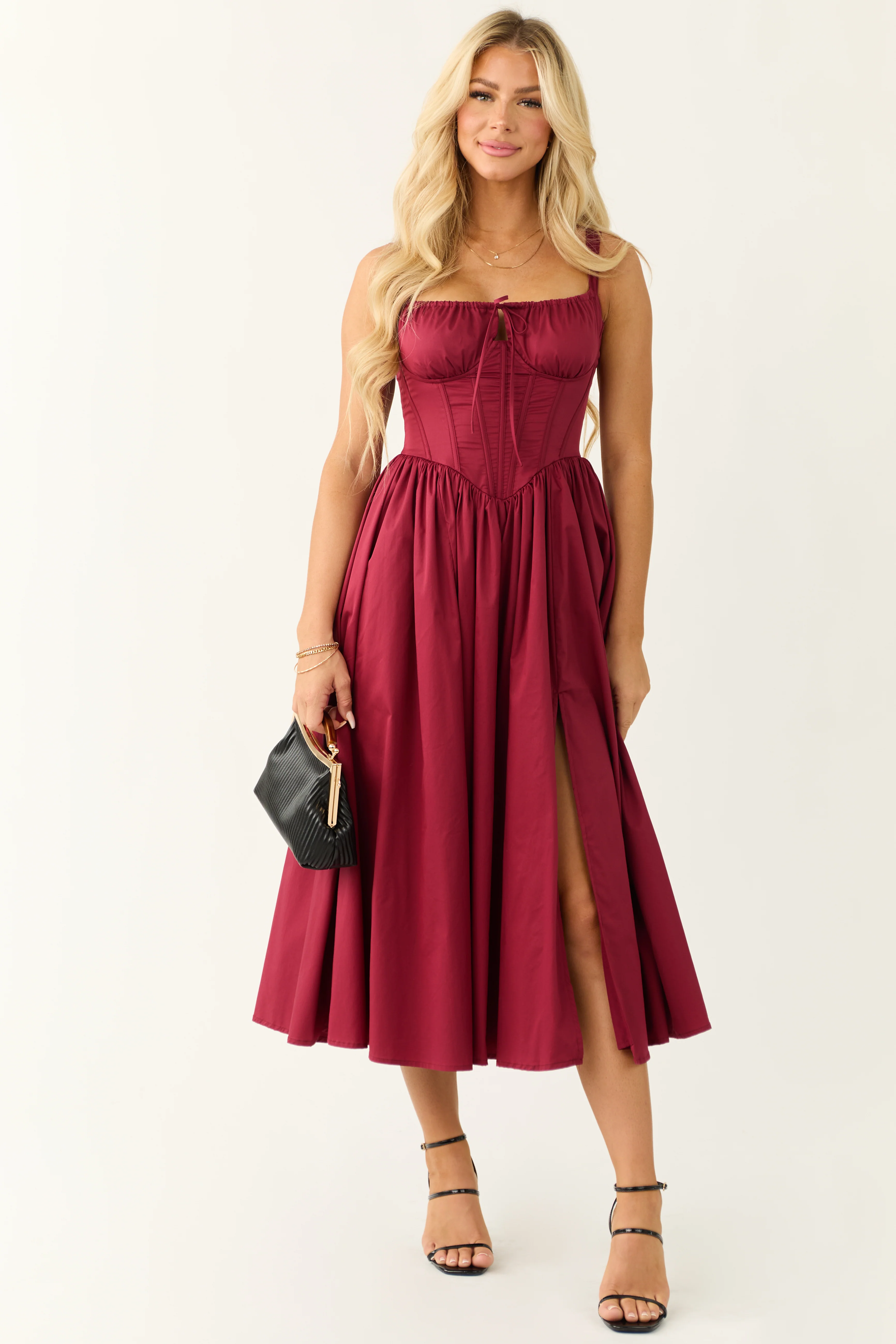Wine Corset Sleeveless Front Slit Midi Dress - Image 4