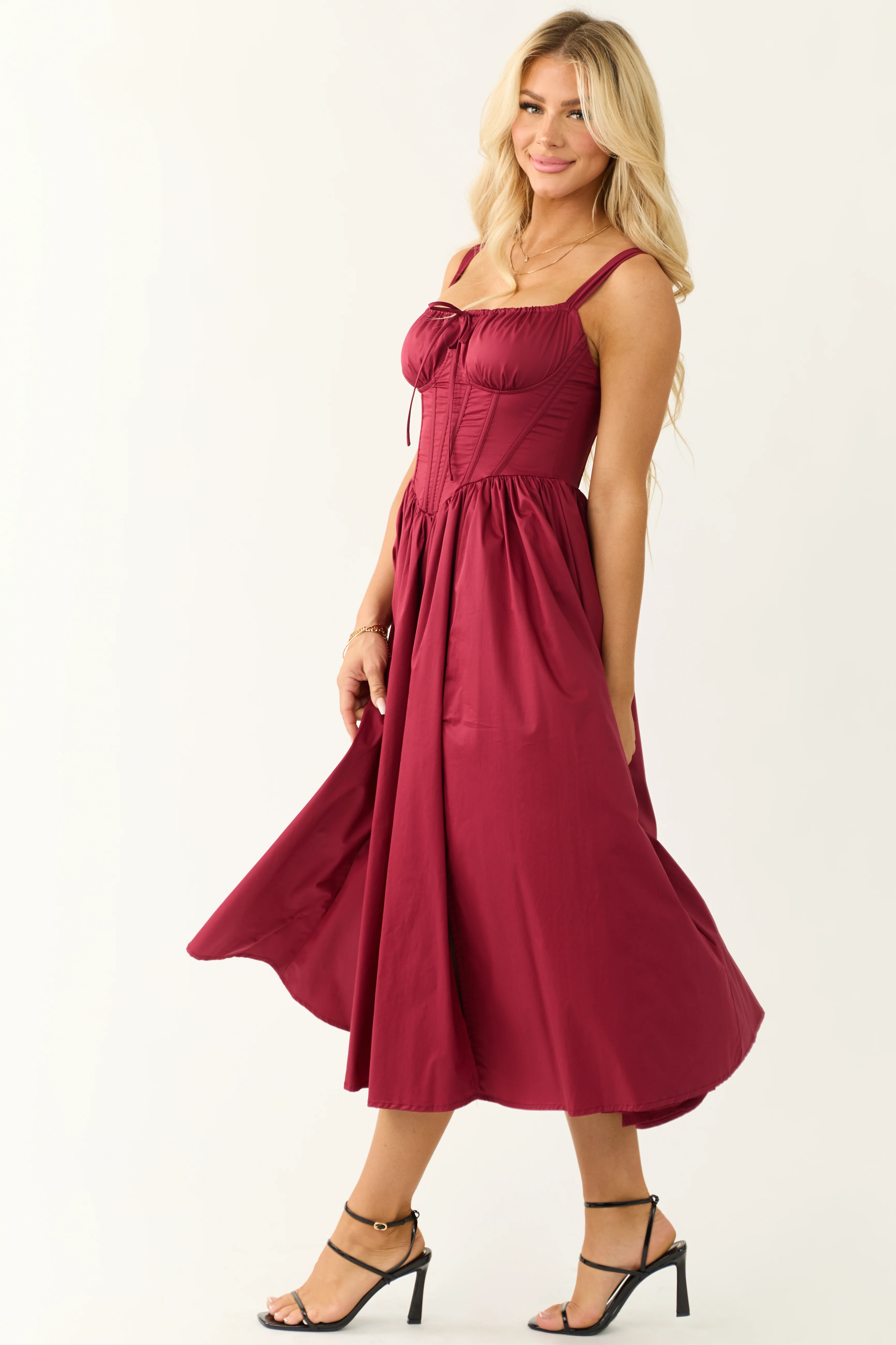 Wine Corset Sleeveless Front Slit Midi Dress - Image 5