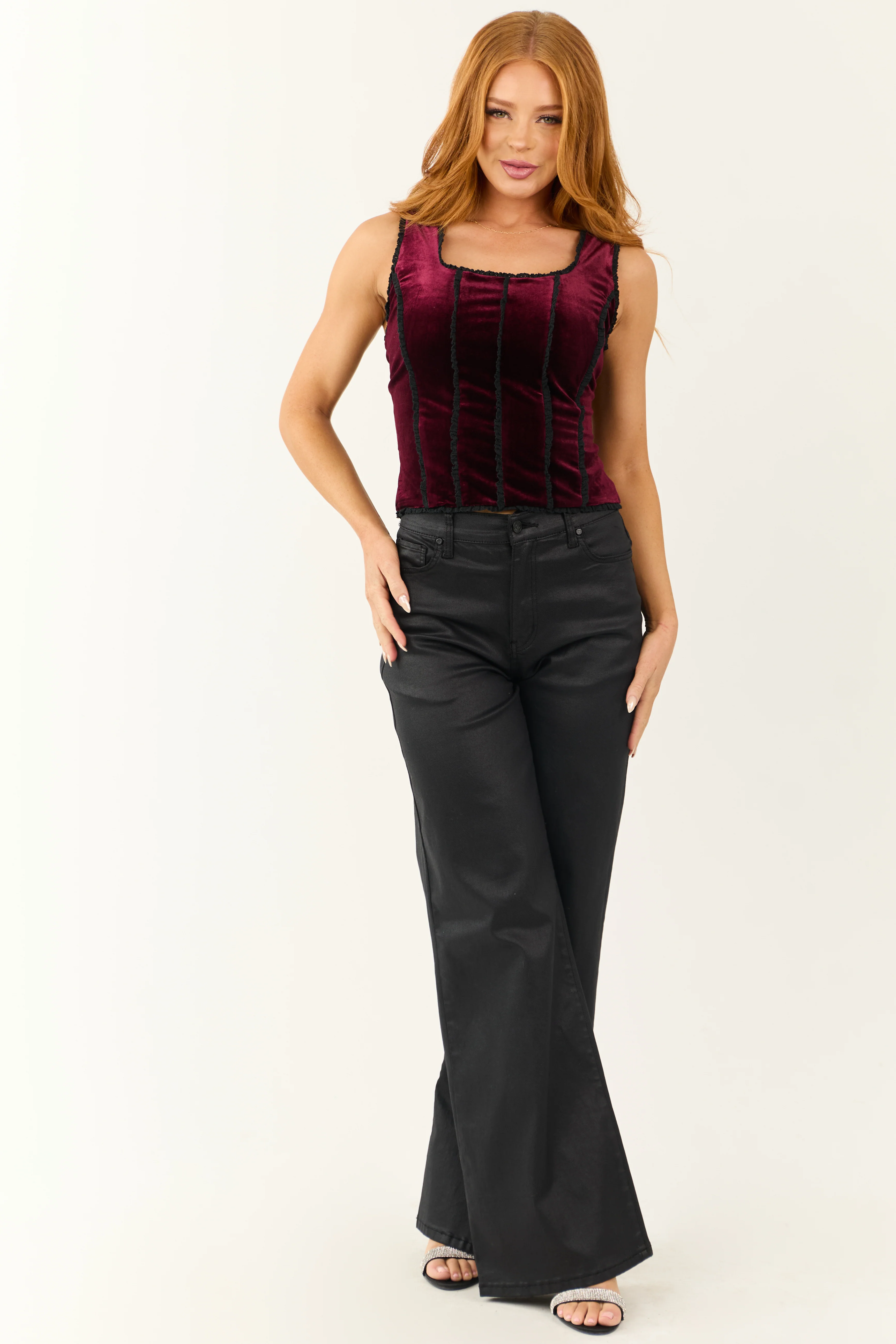 Wine Corset Style Lace Trim Tank Top - Image 2