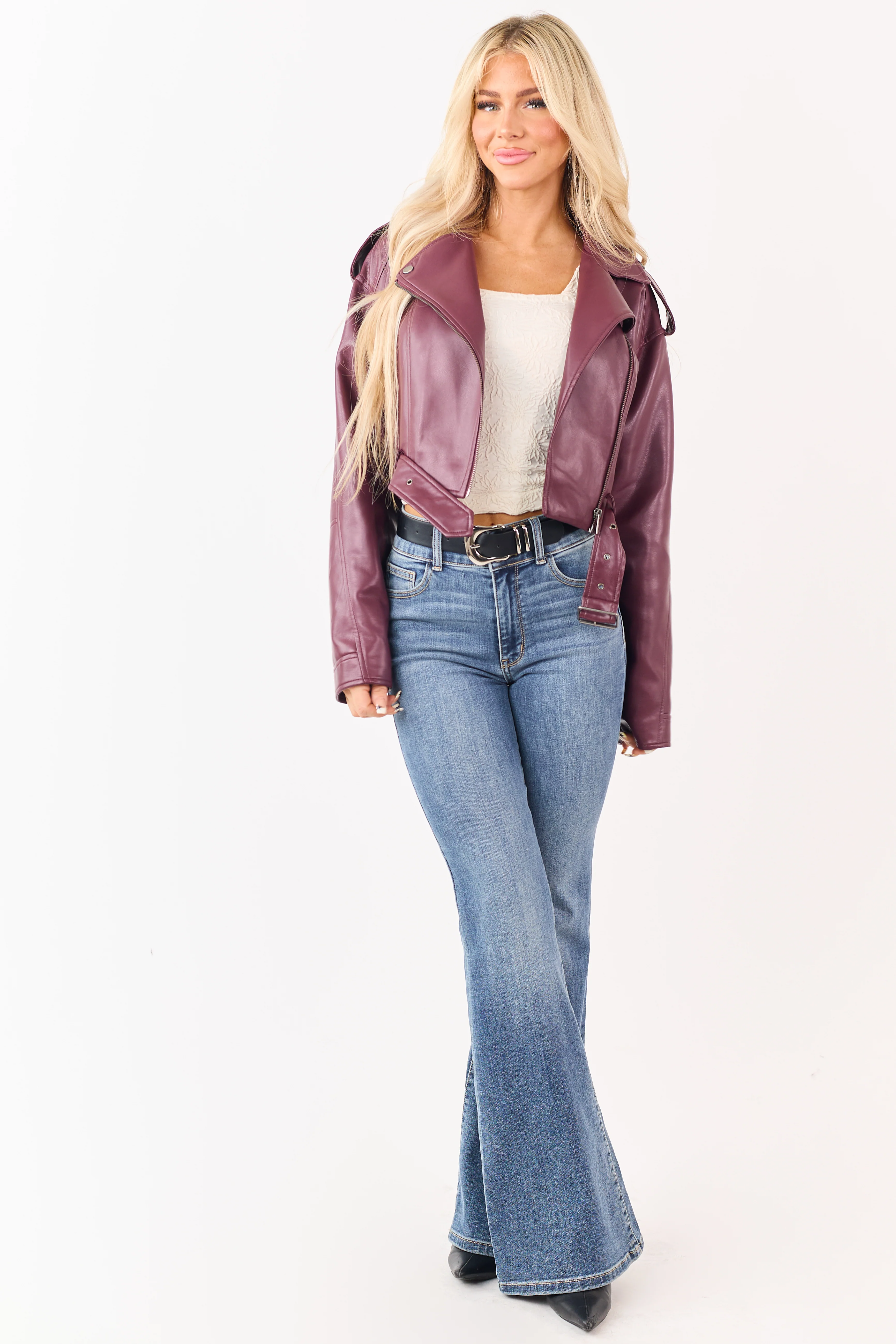 Wine Faux Leather Zip Up Cropped Jacket - Image 2