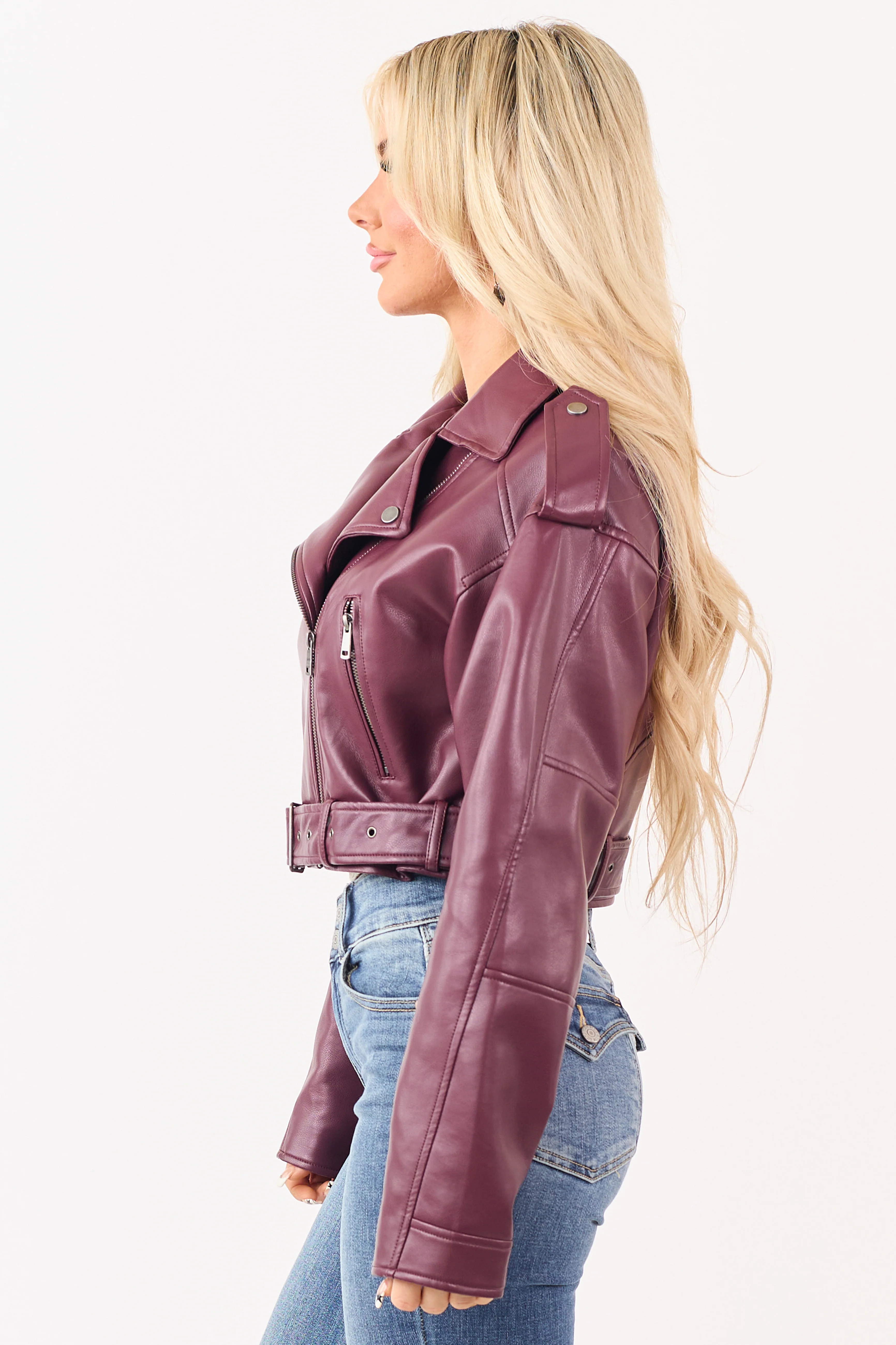 Wine Faux Leather Zip Up Cropped Jacket - Image 5