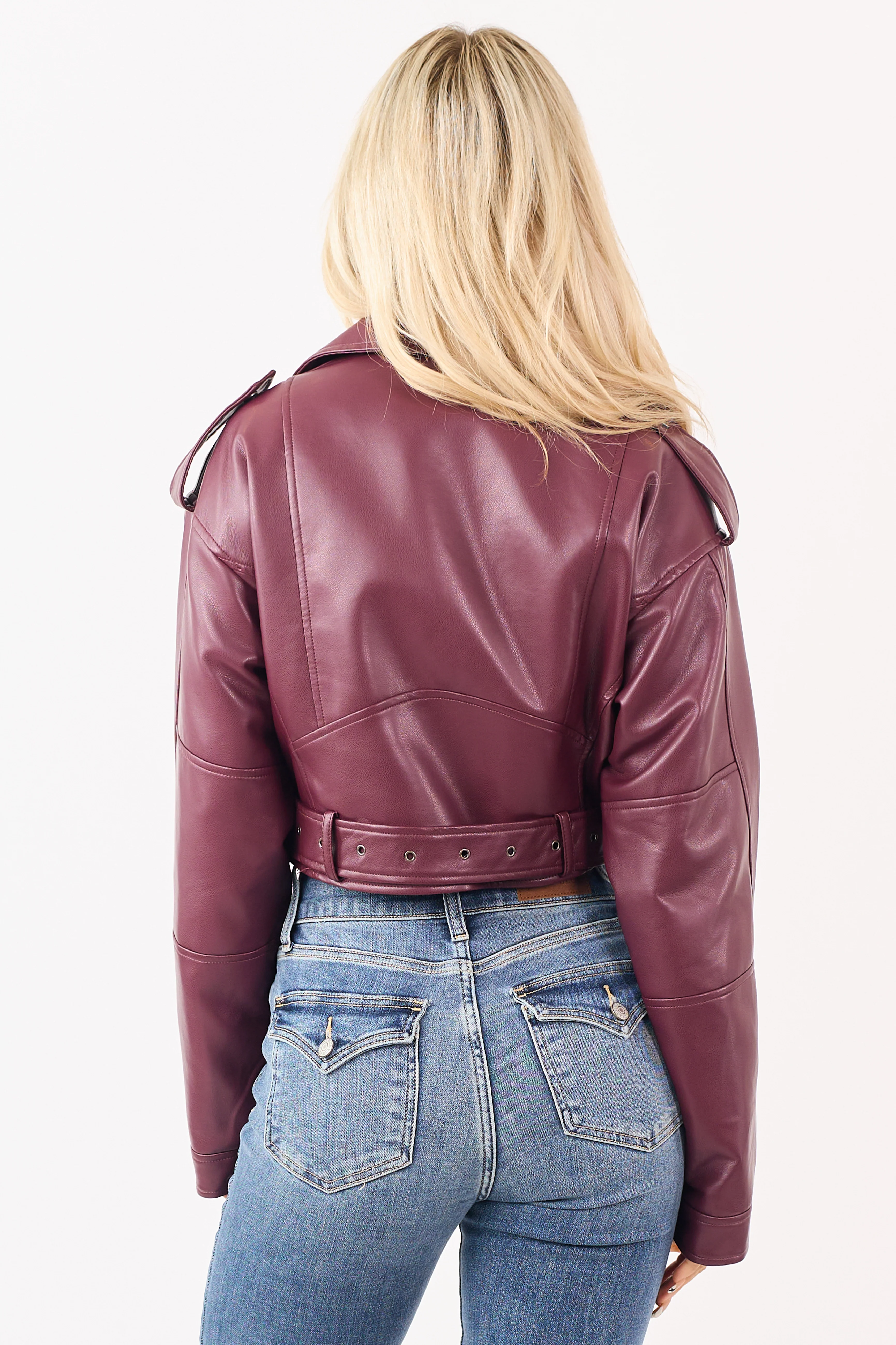 Wine Faux Leather Zip Up Cropped Jacket - Image 6