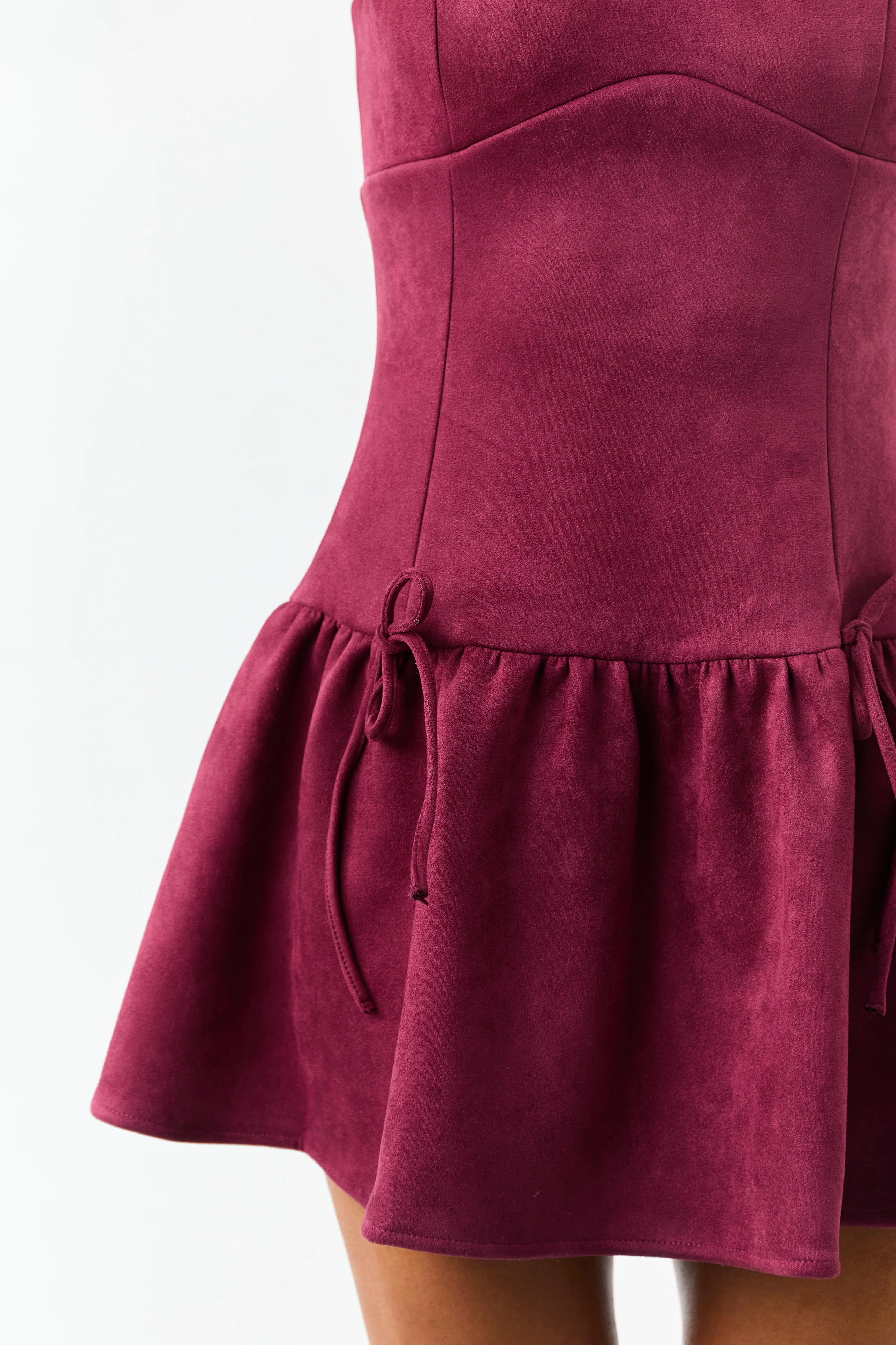 Wine Faux Suede Drop Waist Ruffle Hem Mini Dress - Image 7