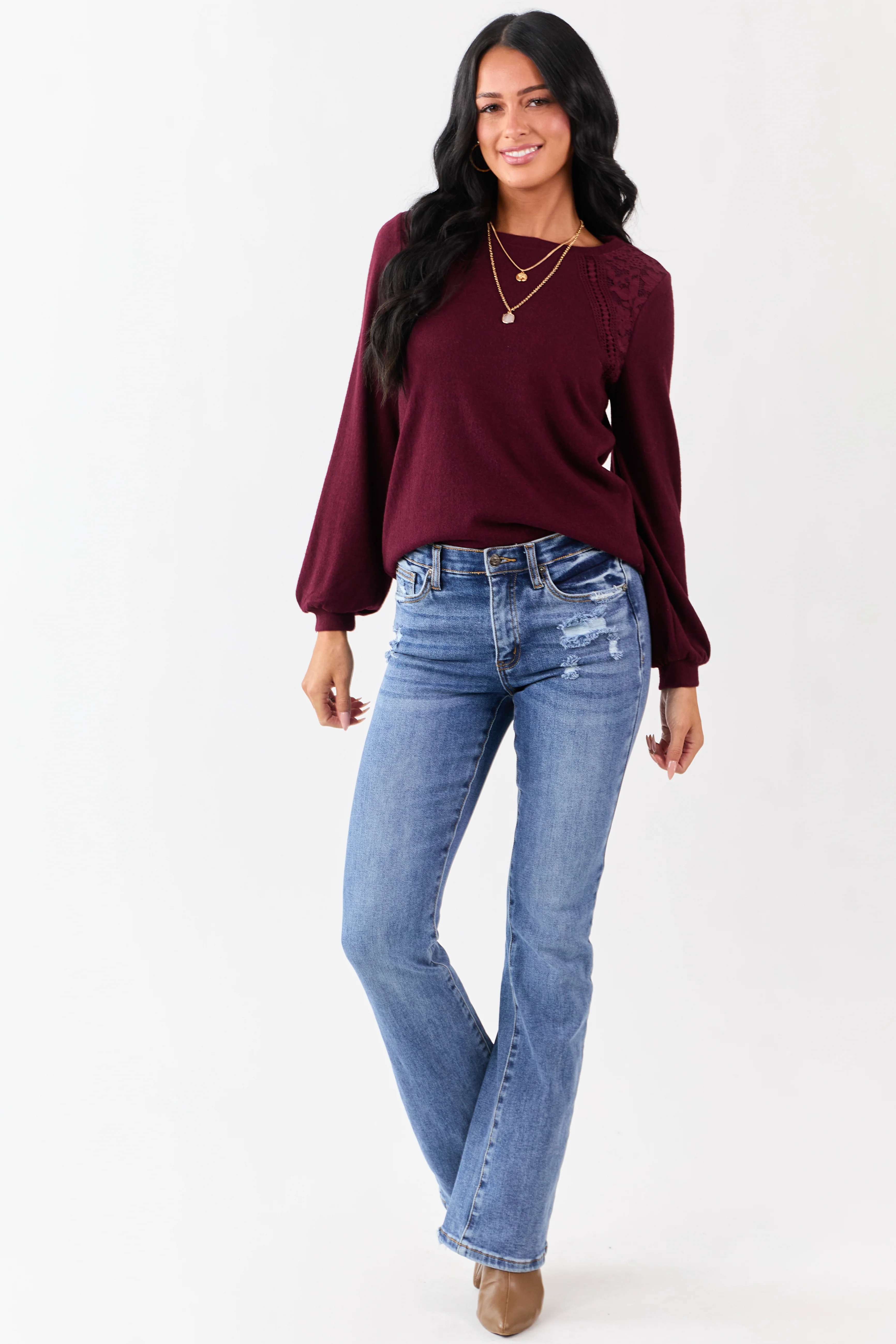 Wine Floral Lace Detailed Sweater - Image 2