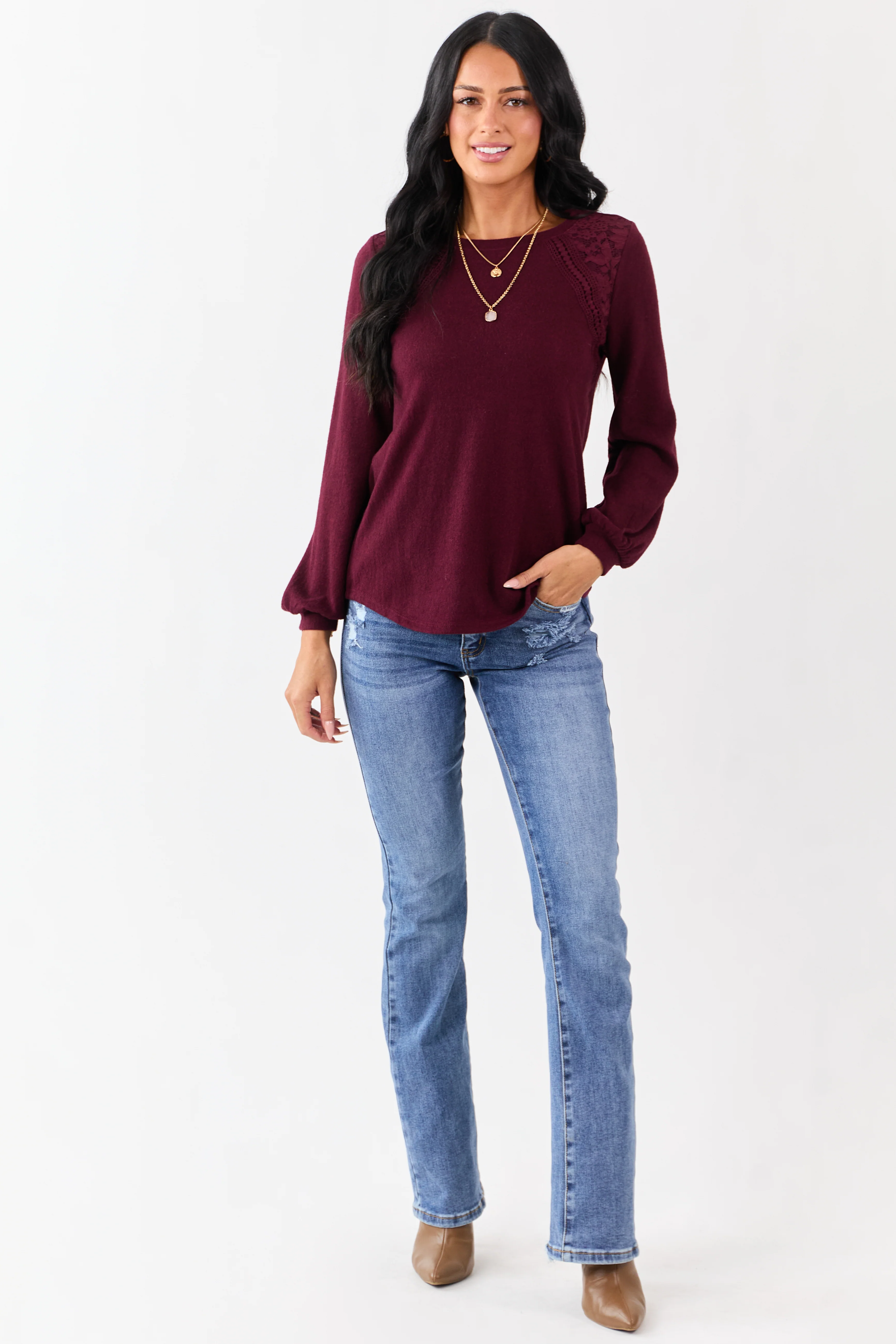 Wine Floral Lace Detailed Sweater - Image 3