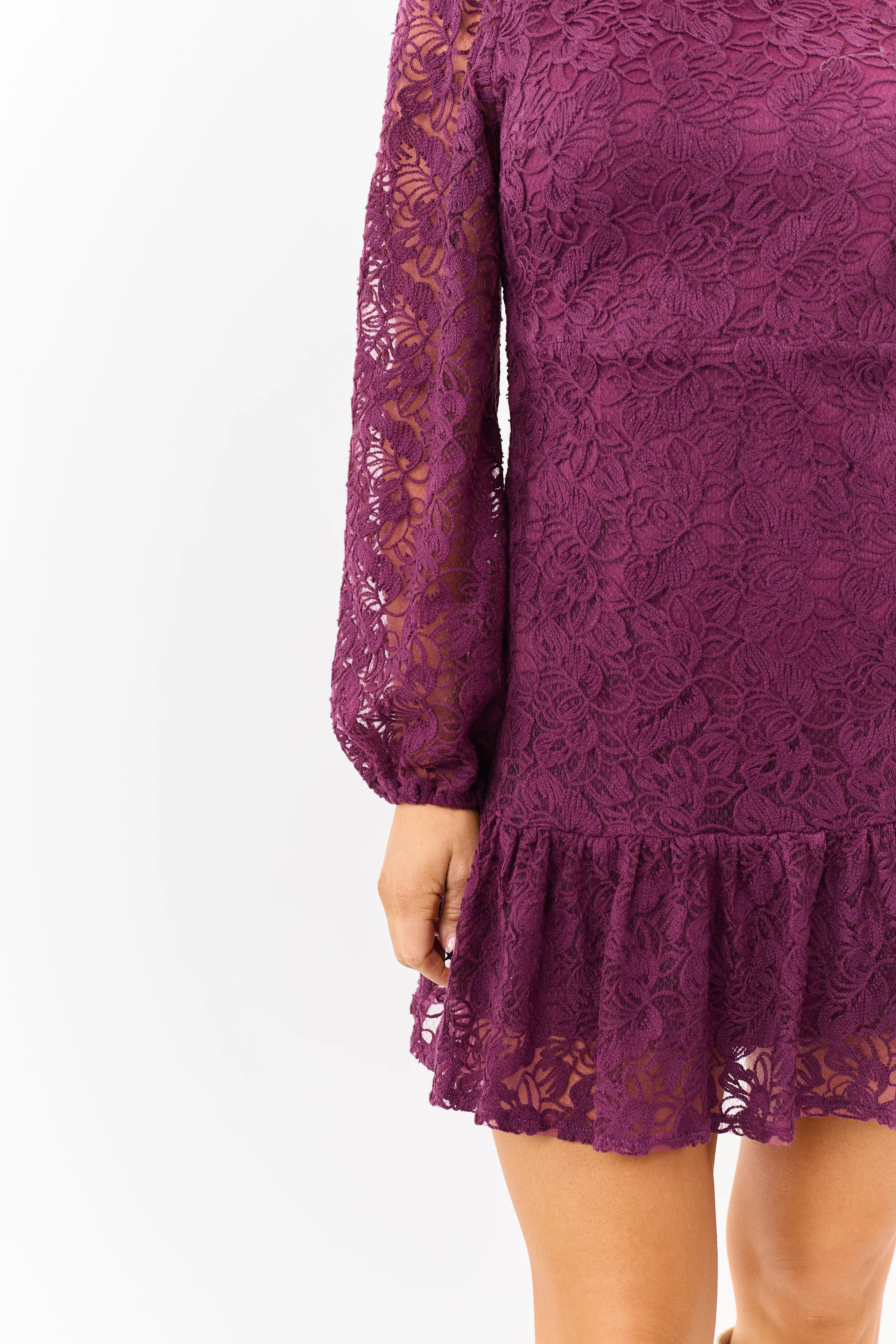 Wine Floral Lace Long Sleeve Ruffle Hem Mini Dress - Image 7
