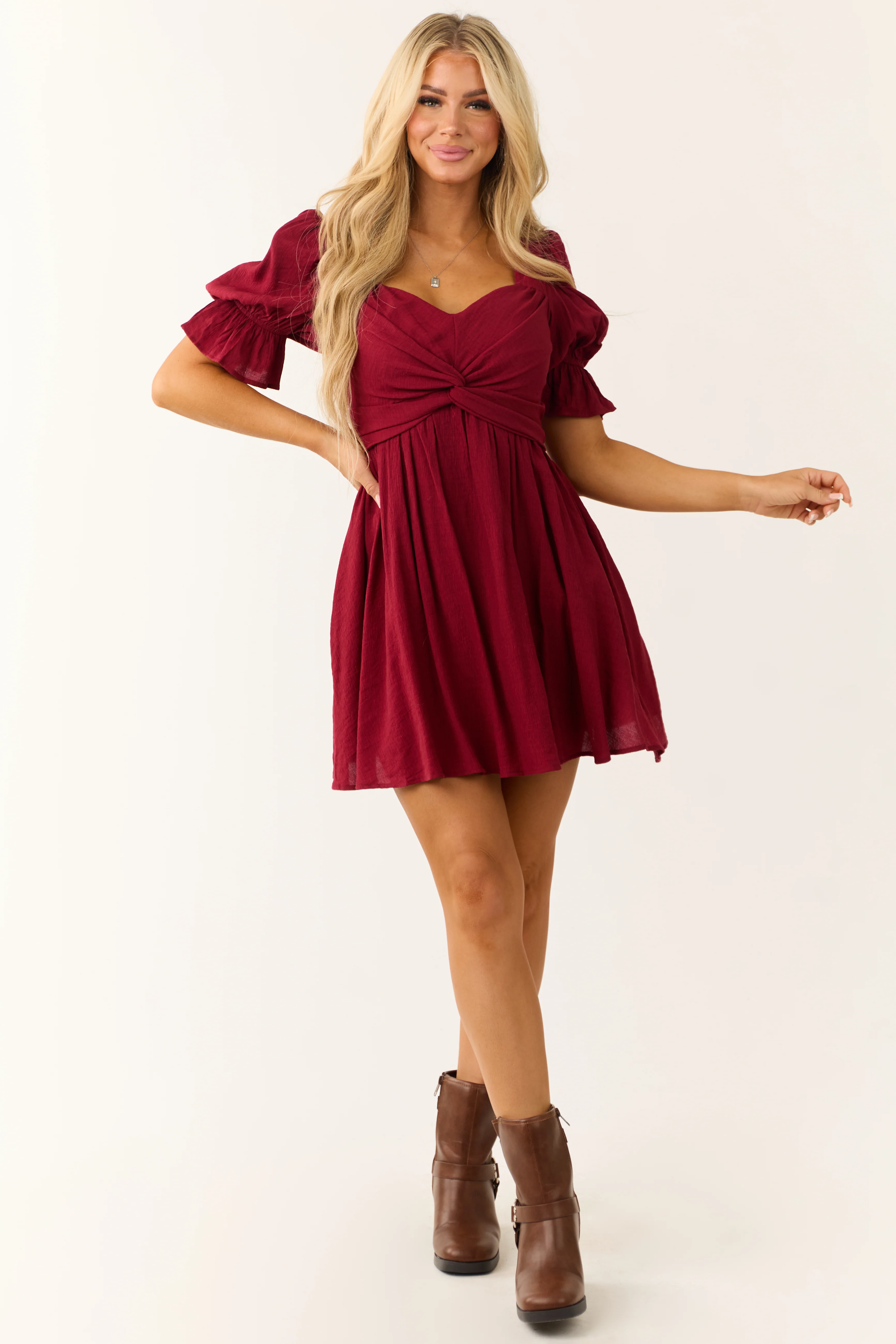 Wine Half Puff Sleeve Short Dress with Waist Tie - Image 2