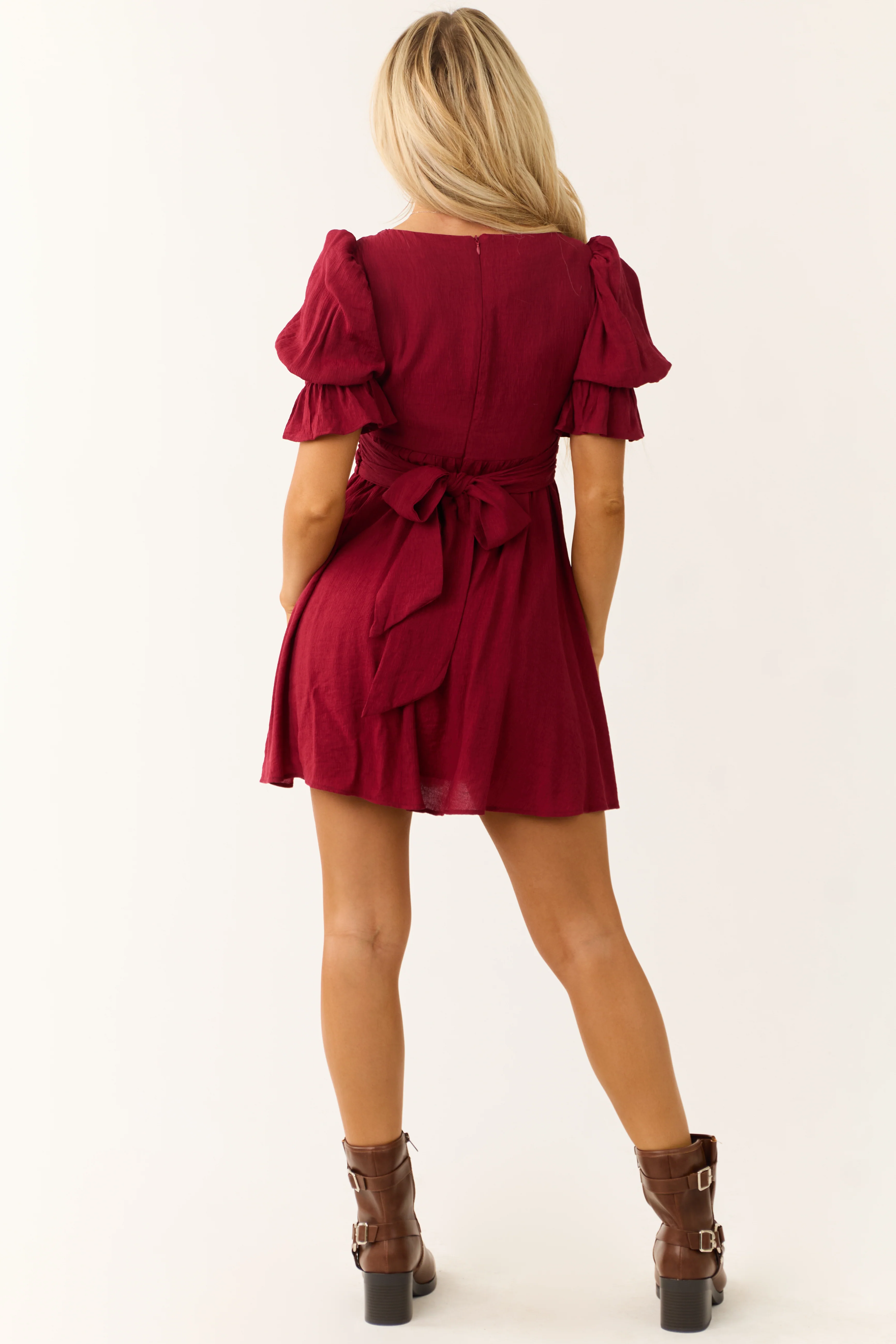 Wine Half Puff Sleeve Short Dress with Waist Tie - Image 5