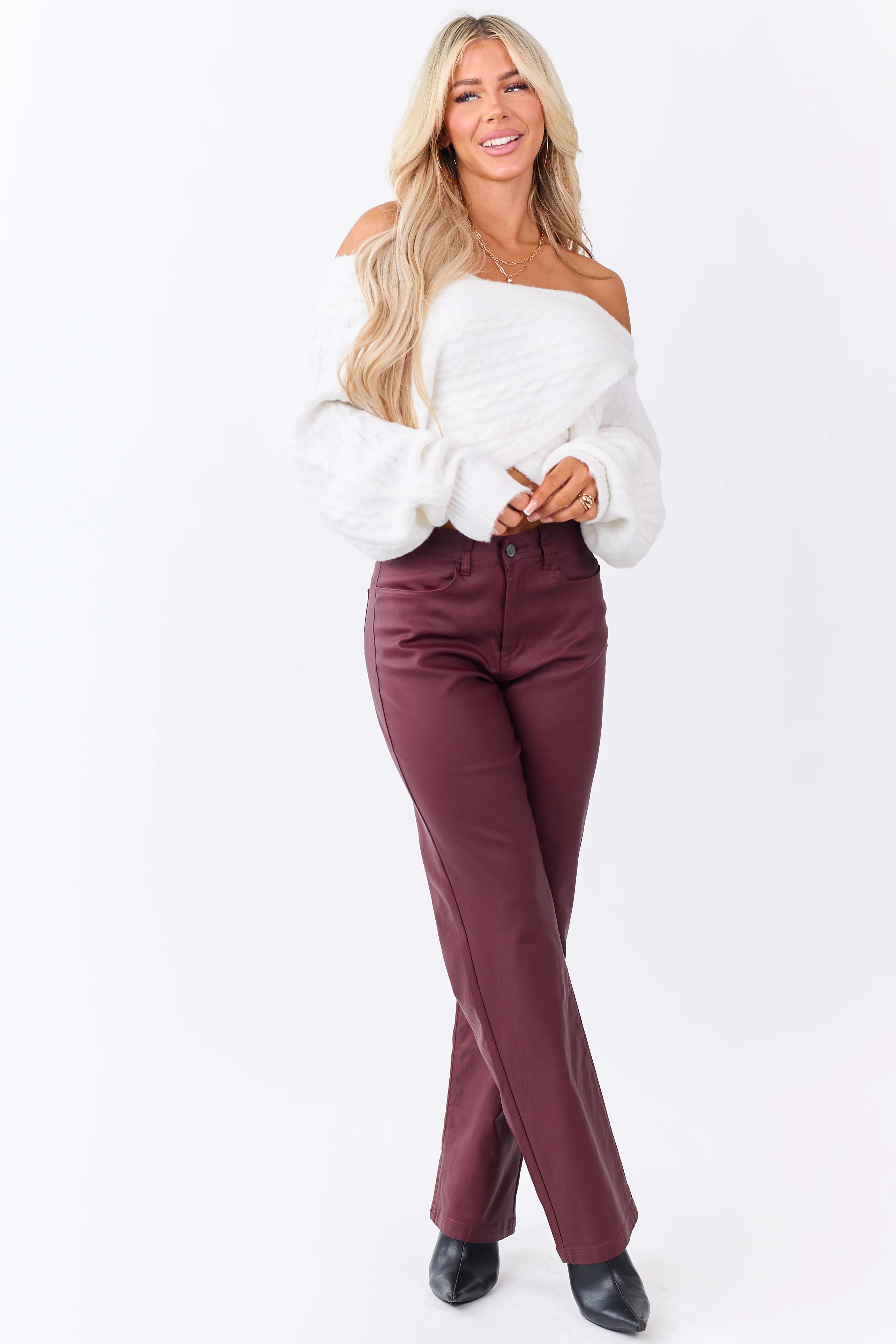Wine Metallic Faux Leather Stretchy Straight Pants - Image 6