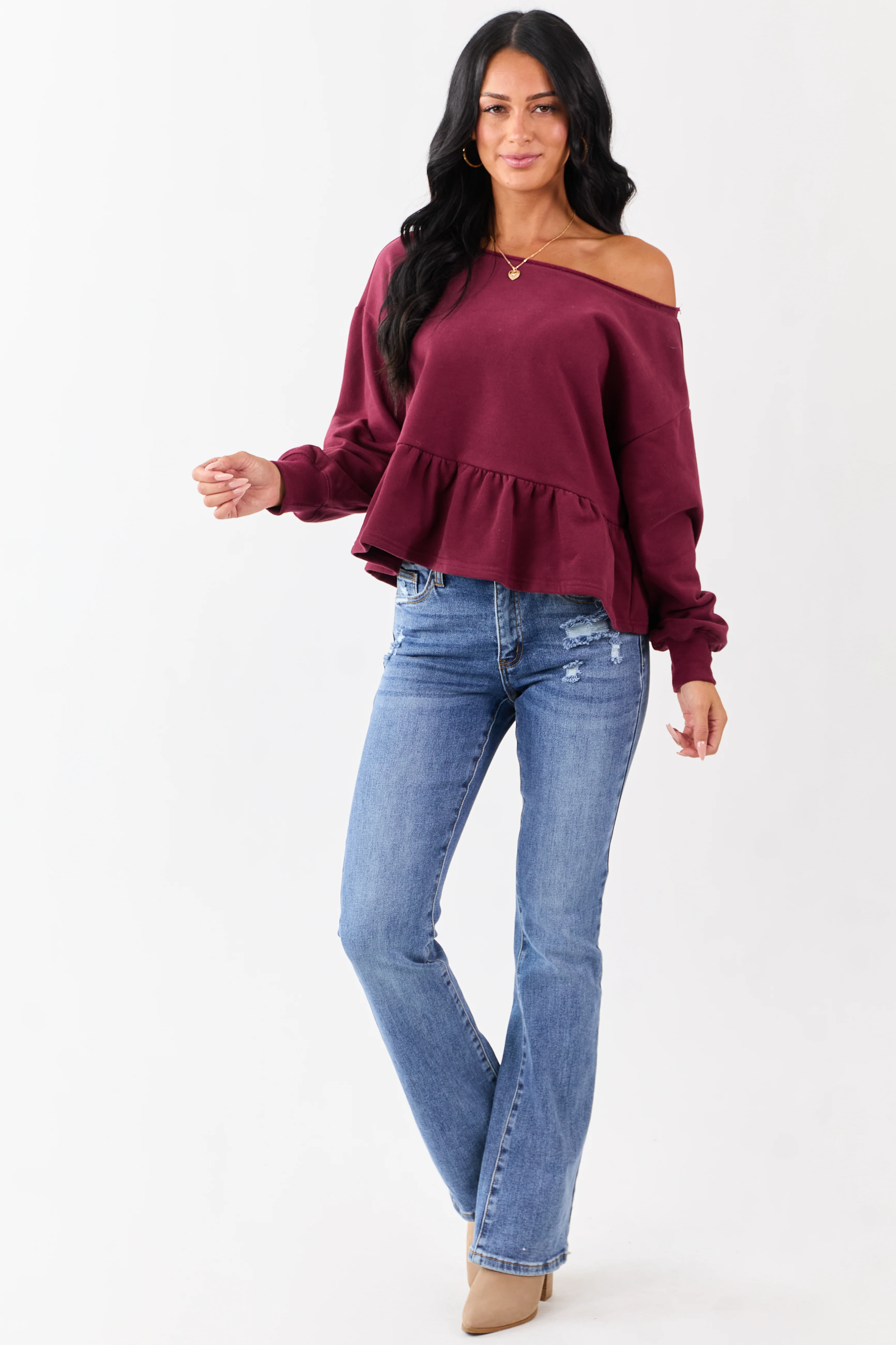 Wine One Shoulder Peplum Relaxed Sweatshirt Top - Image 2
