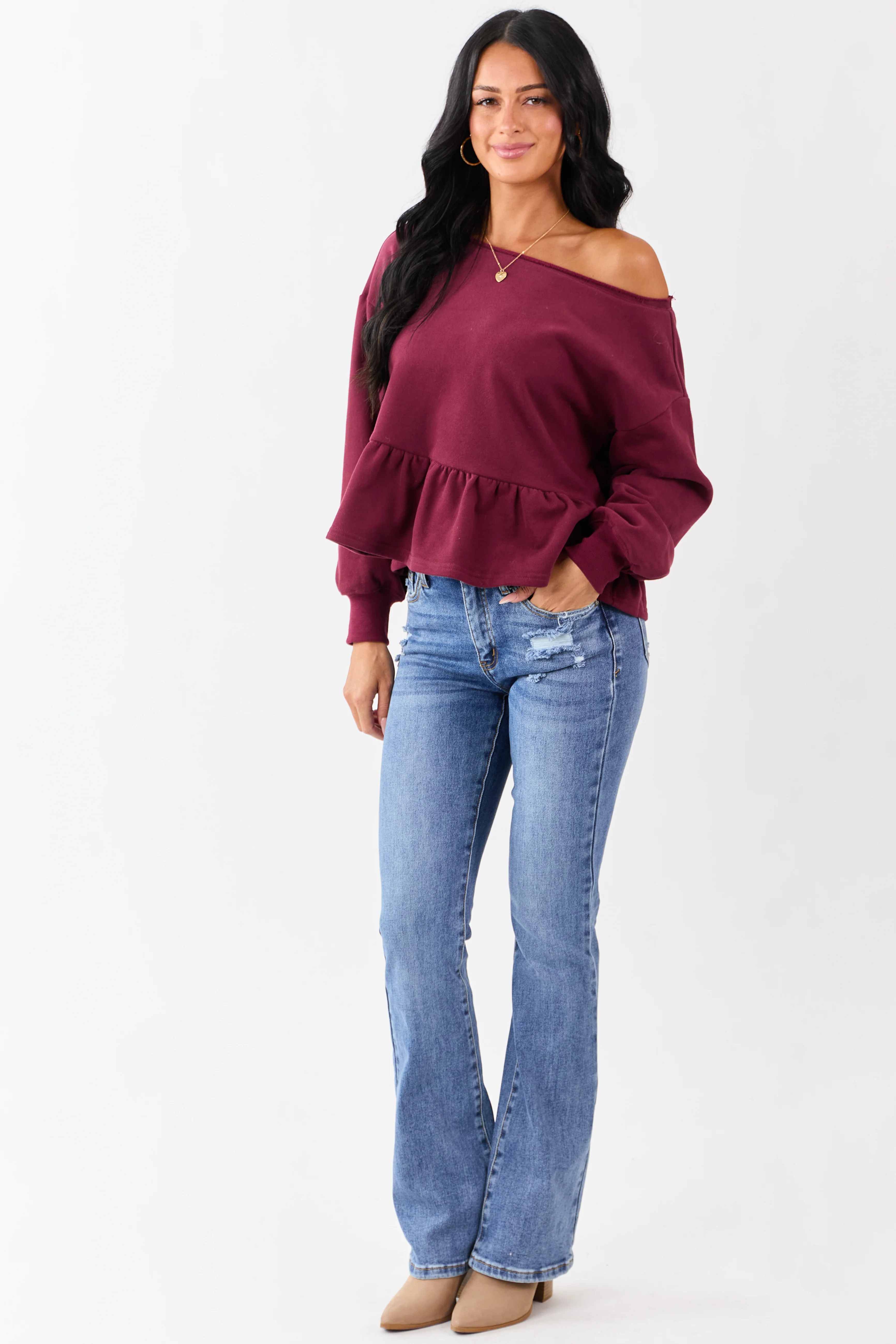 Wine One Shoulder Peplum Relaxed Sweatshirt Top - Image 3