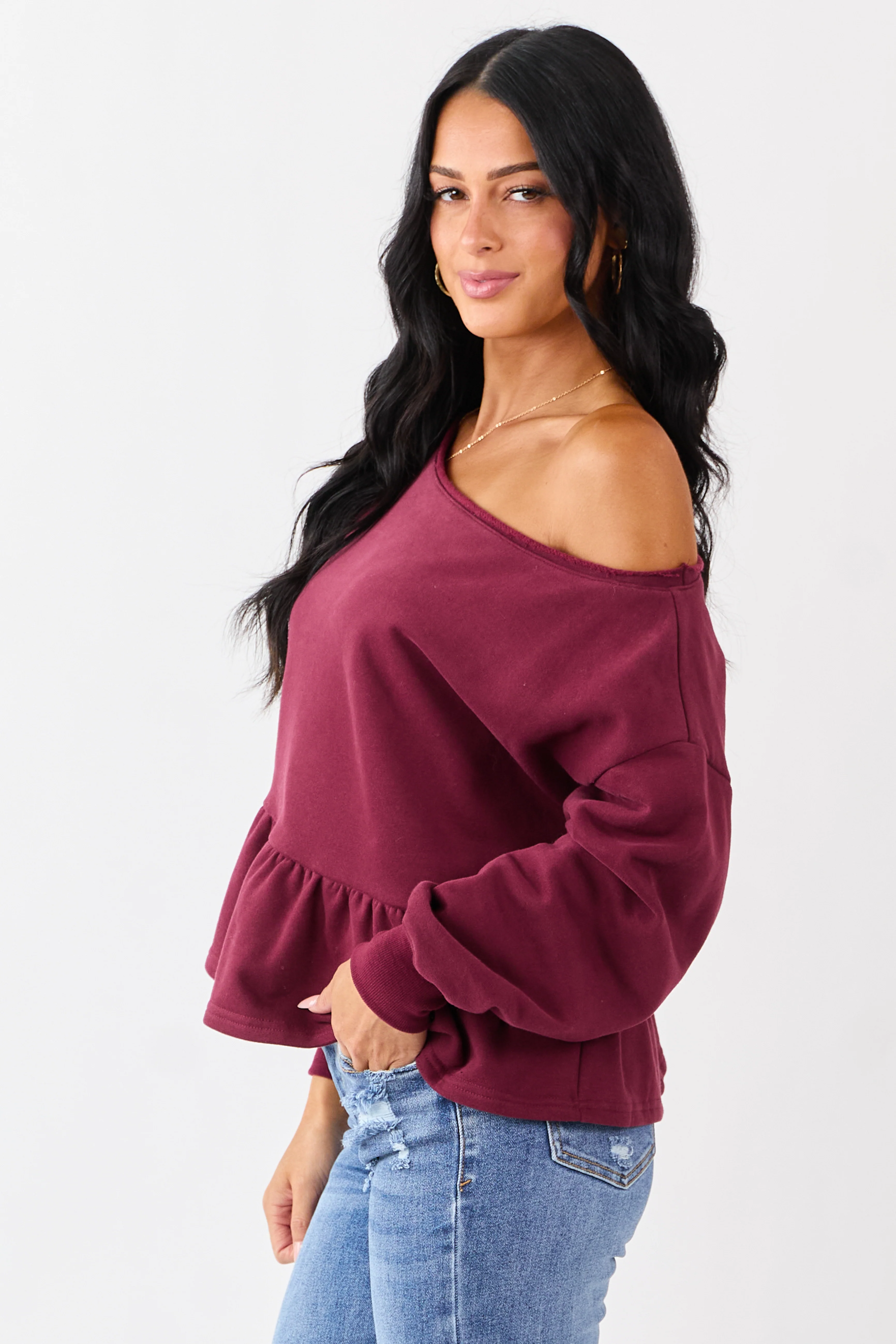 Wine One Shoulder Peplum Relaxed Sweatshirt Top - Image 4