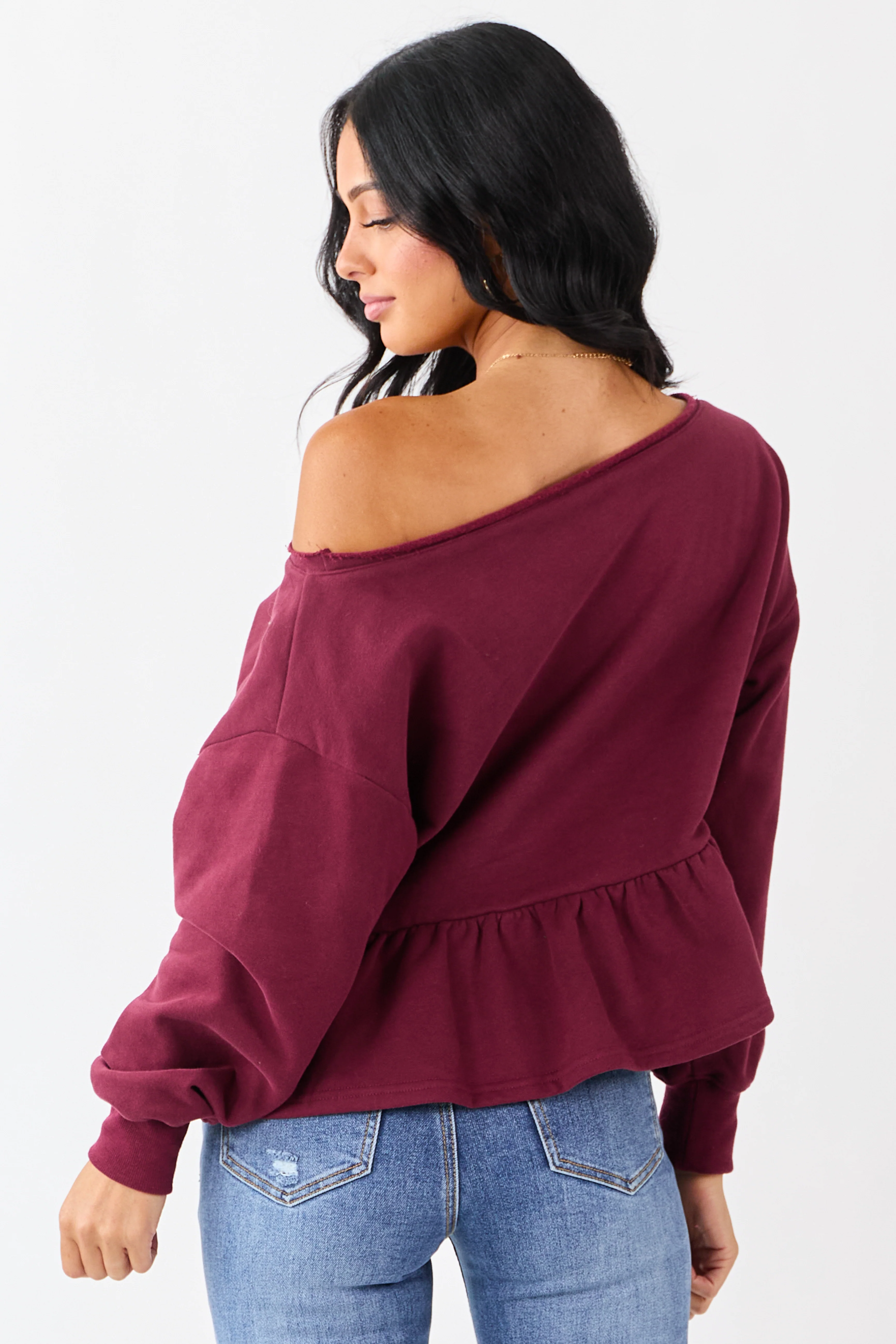 Wine One Shoulder Peplum Relaxed Sweatshirt Top - Image 5