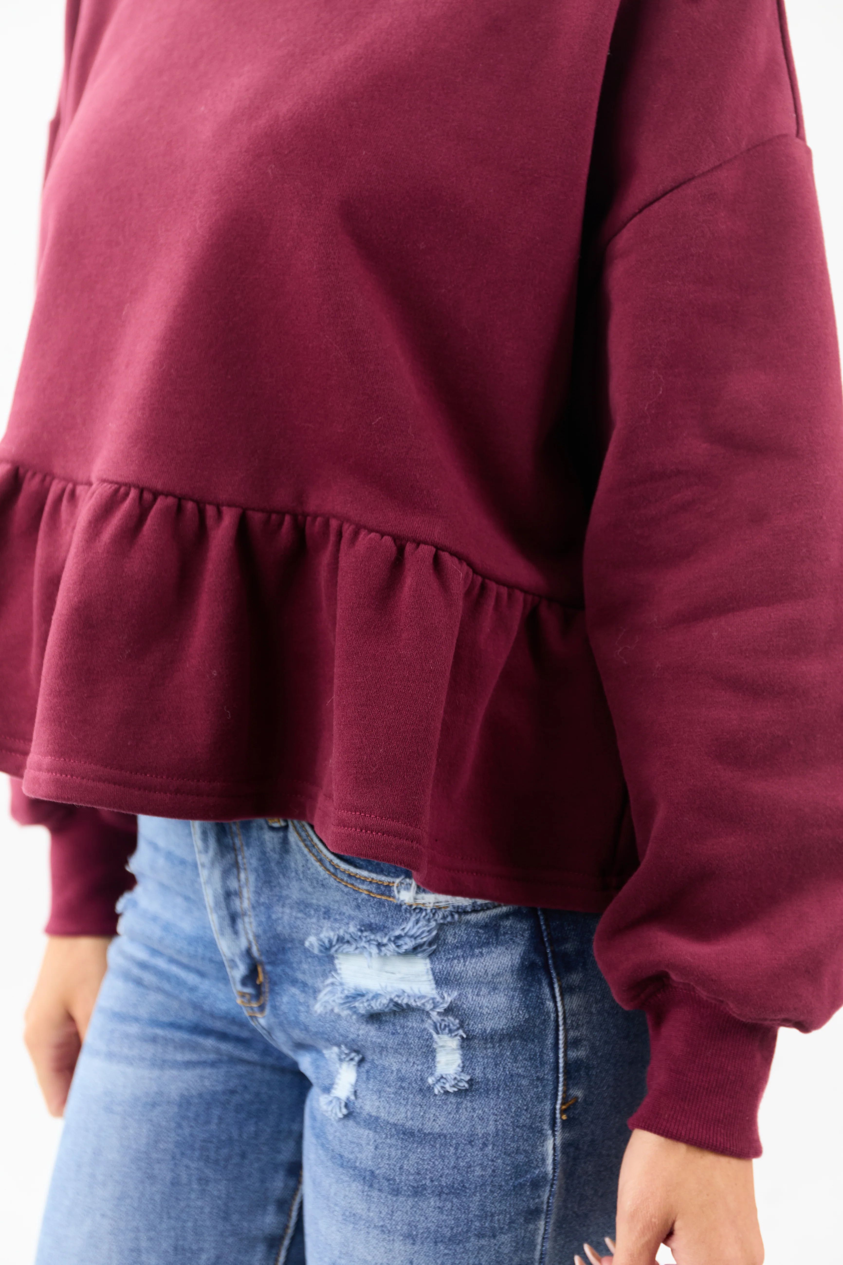 Wine One Shoulder Peplum Relaxed Sweatshirt Top - Image 6
