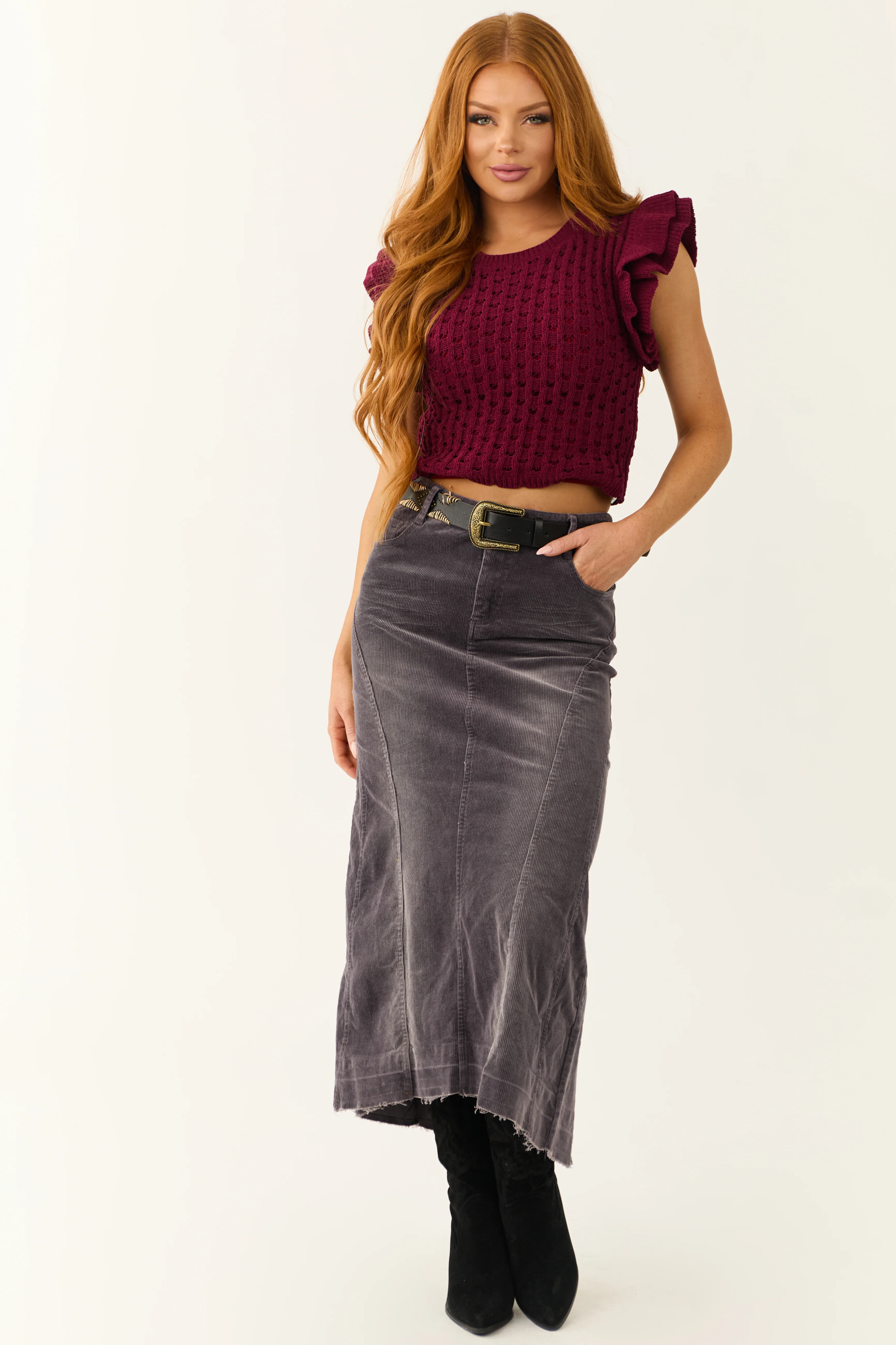 Wine Open Sweater Knit Ruffle Sleeve Top - Image 2