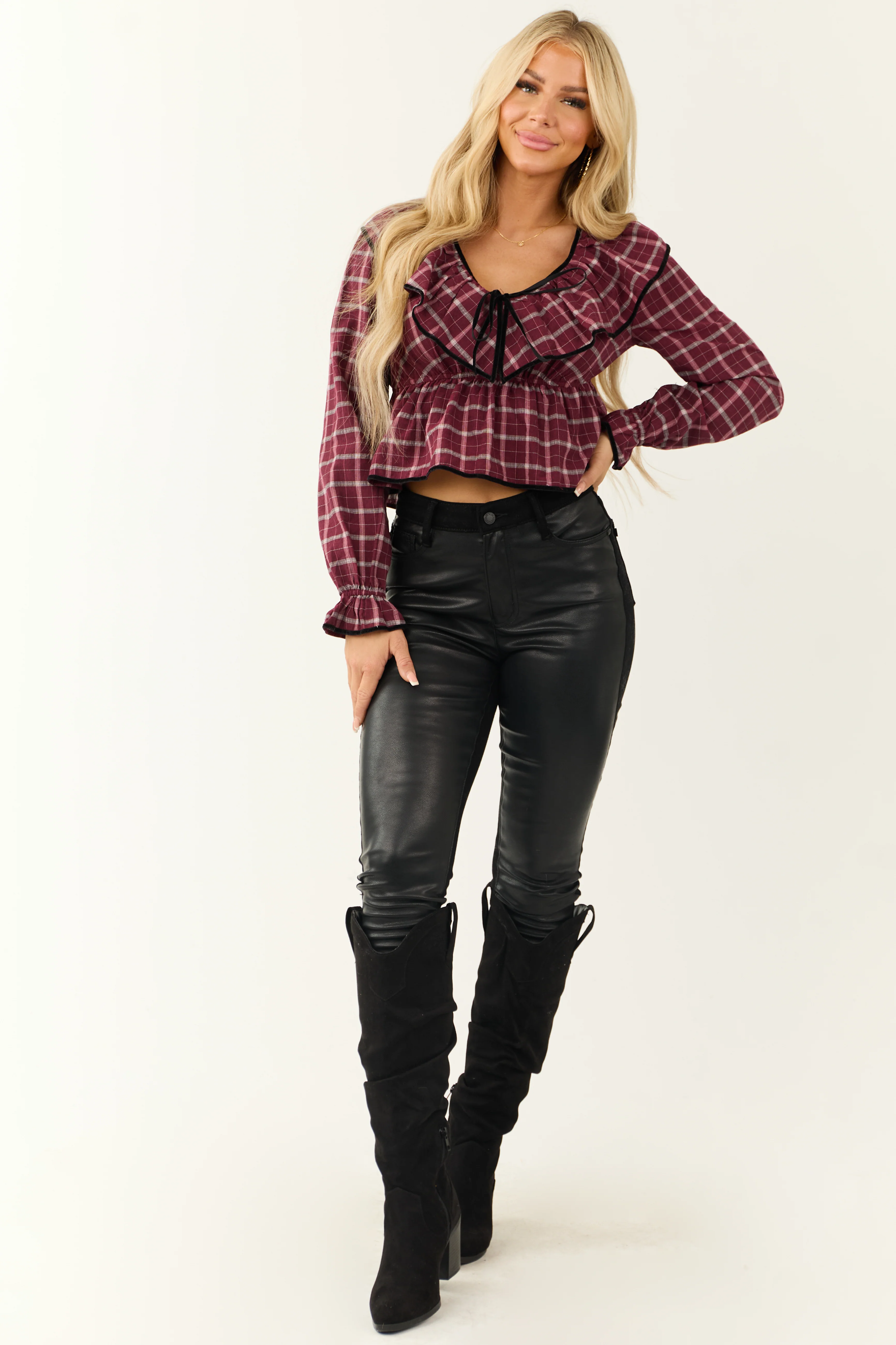 Wine Plaid V Neck Velvet Trim Long Sleeve Top - Image 3